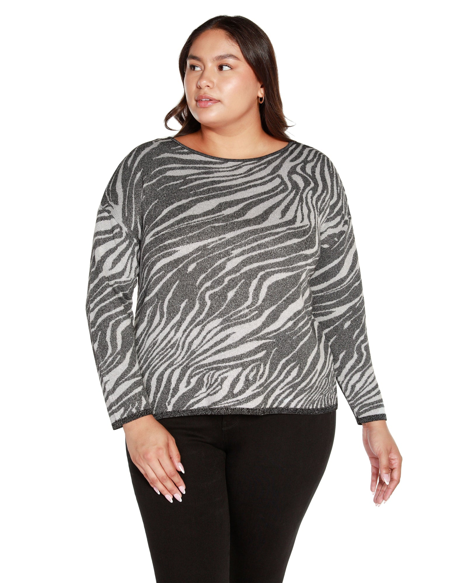 Plus Size Shiny Zebra Jacquard Sweater | Silver Combo