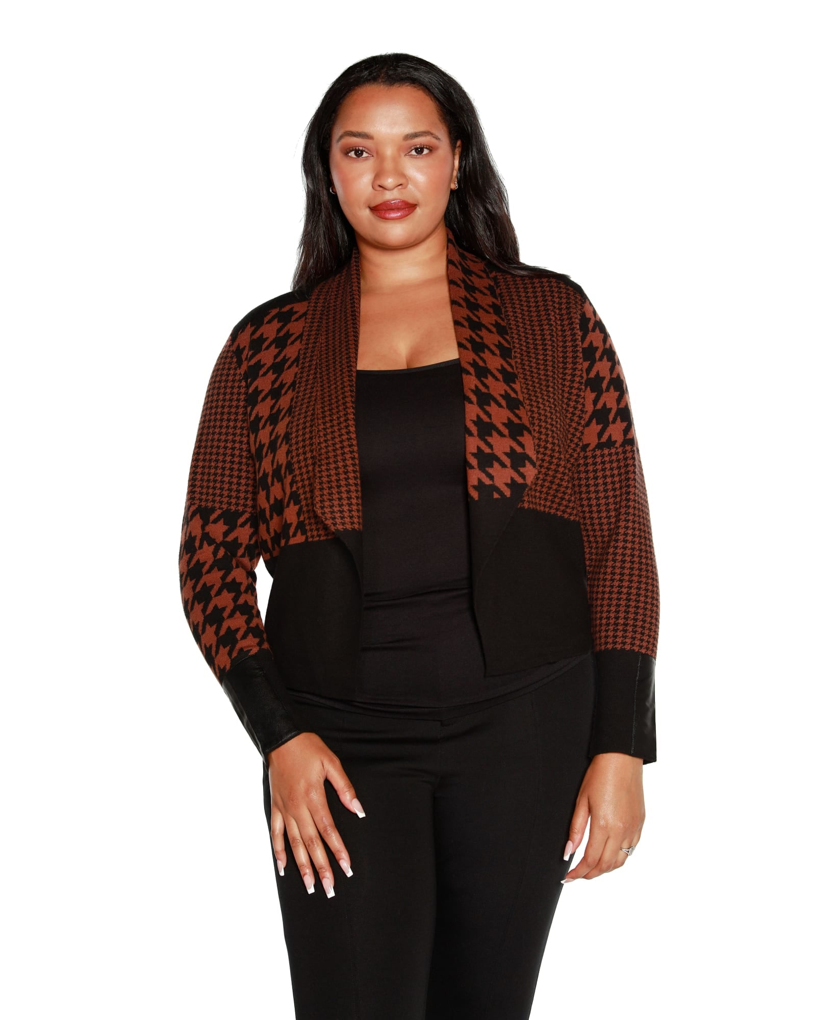 Plus Size Houndstooth Jacquard Open Cardigan | Coral Crush