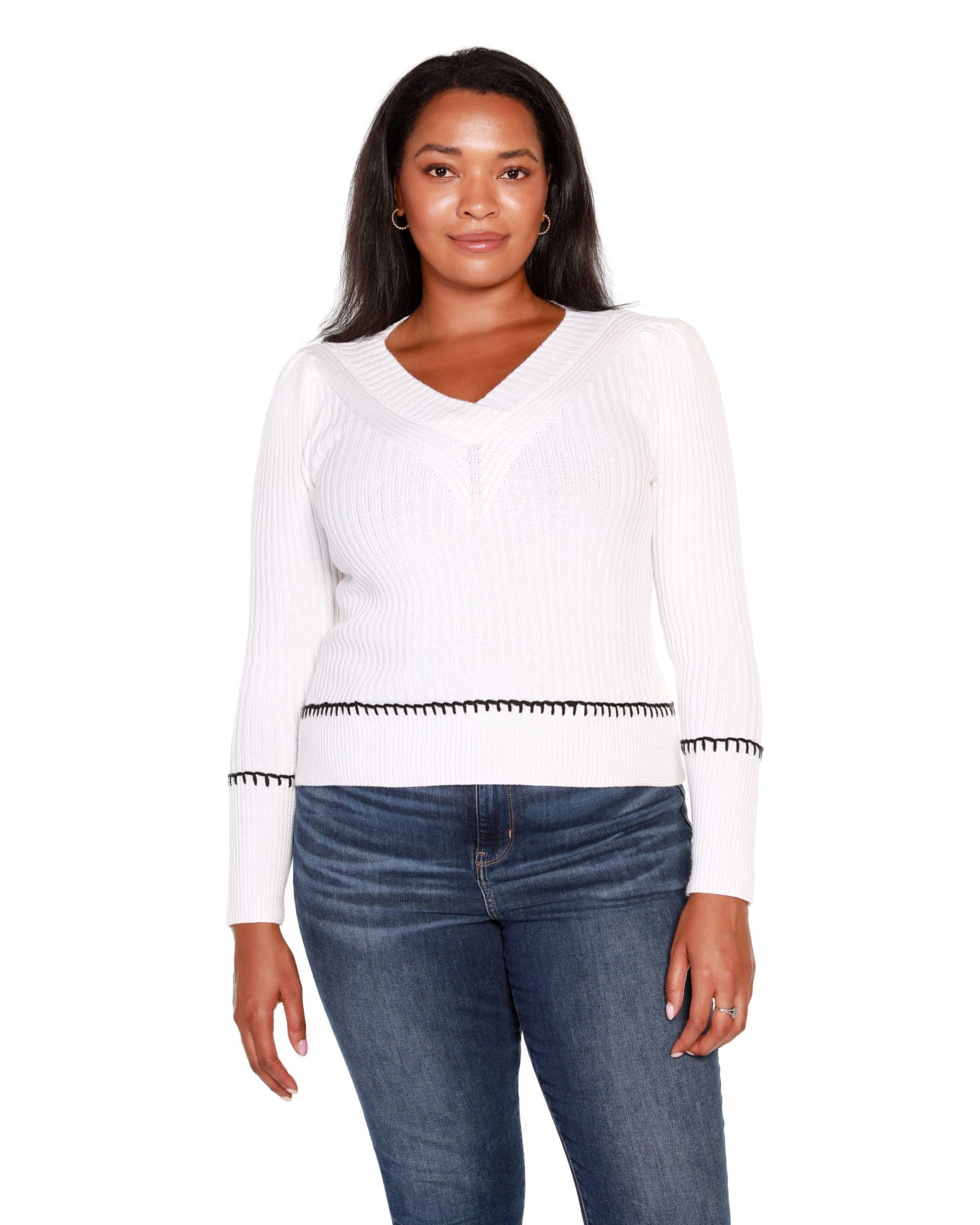 Plus Size Puff sleeve V-Neck Sweater | Winter White