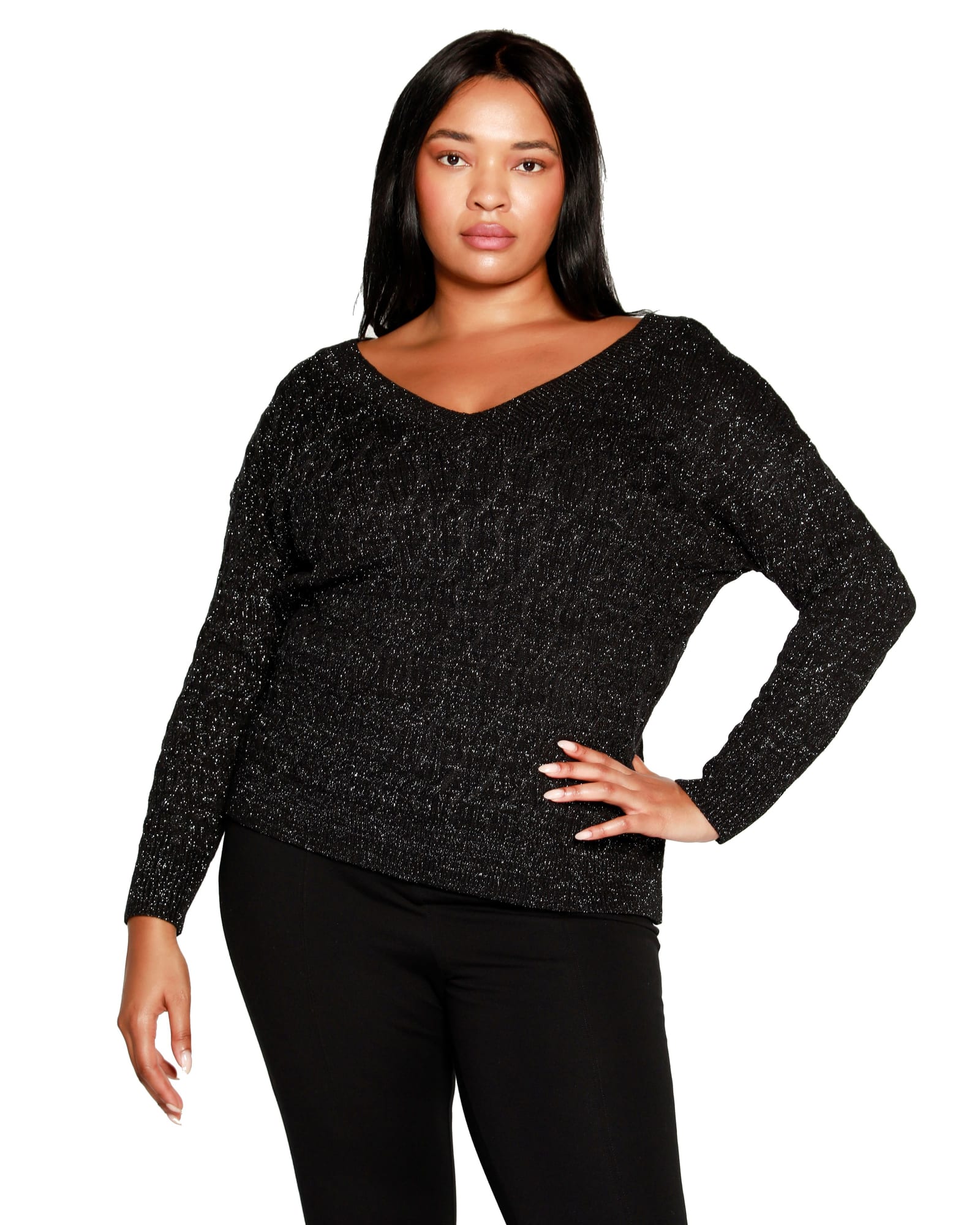 Plus Size Lurex Cable Double V-neck Sweater | Black/Pewter