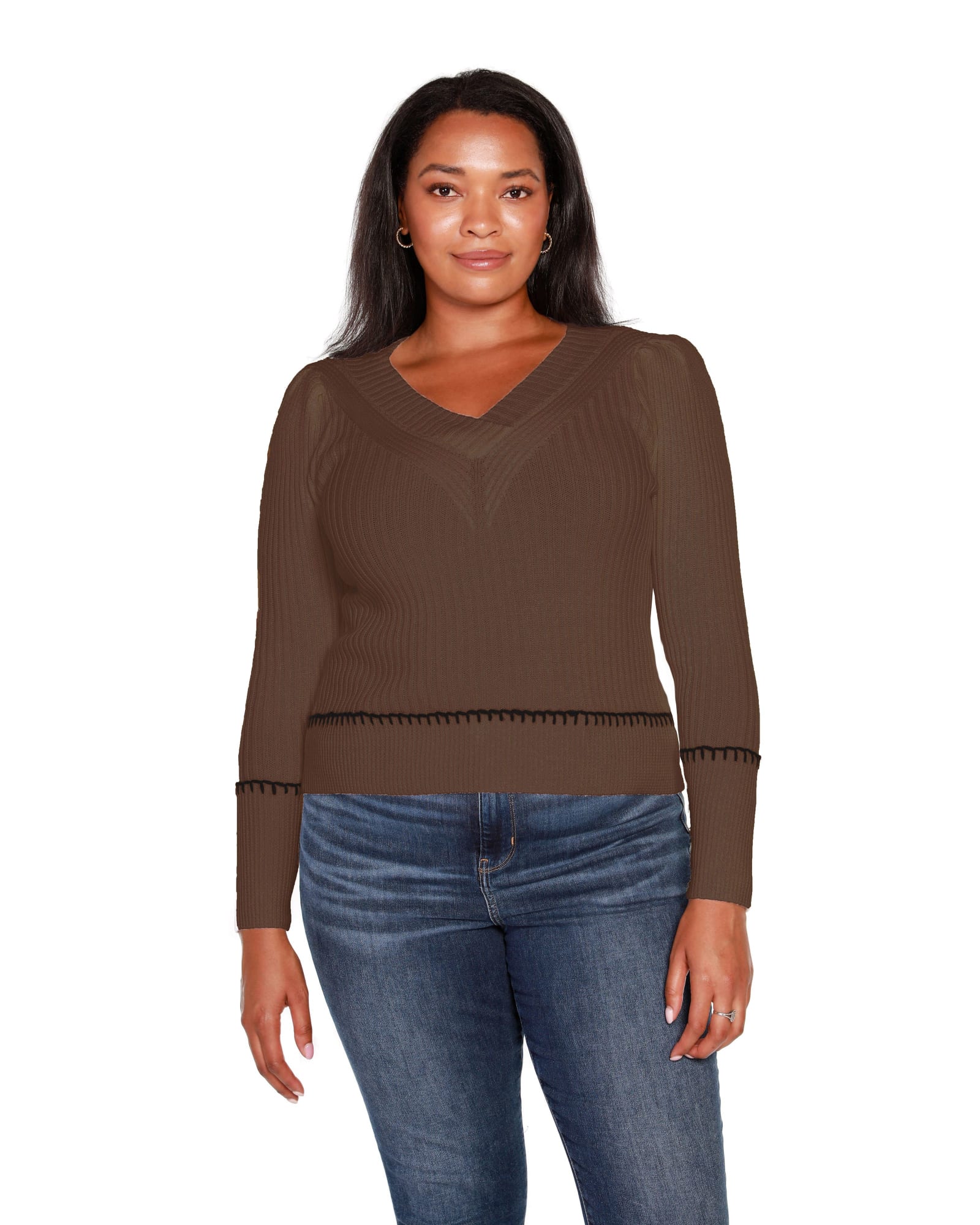 Plus Size Puff sleeve V-Neck Sweater | Mocha