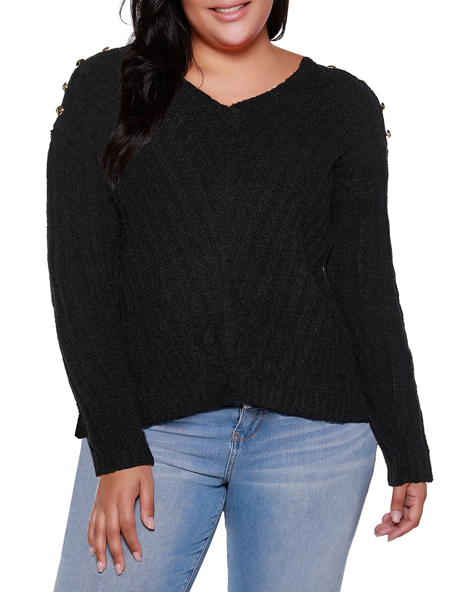 Plus Size V-Neck Rib Knit Sweater with Embellishment | Black