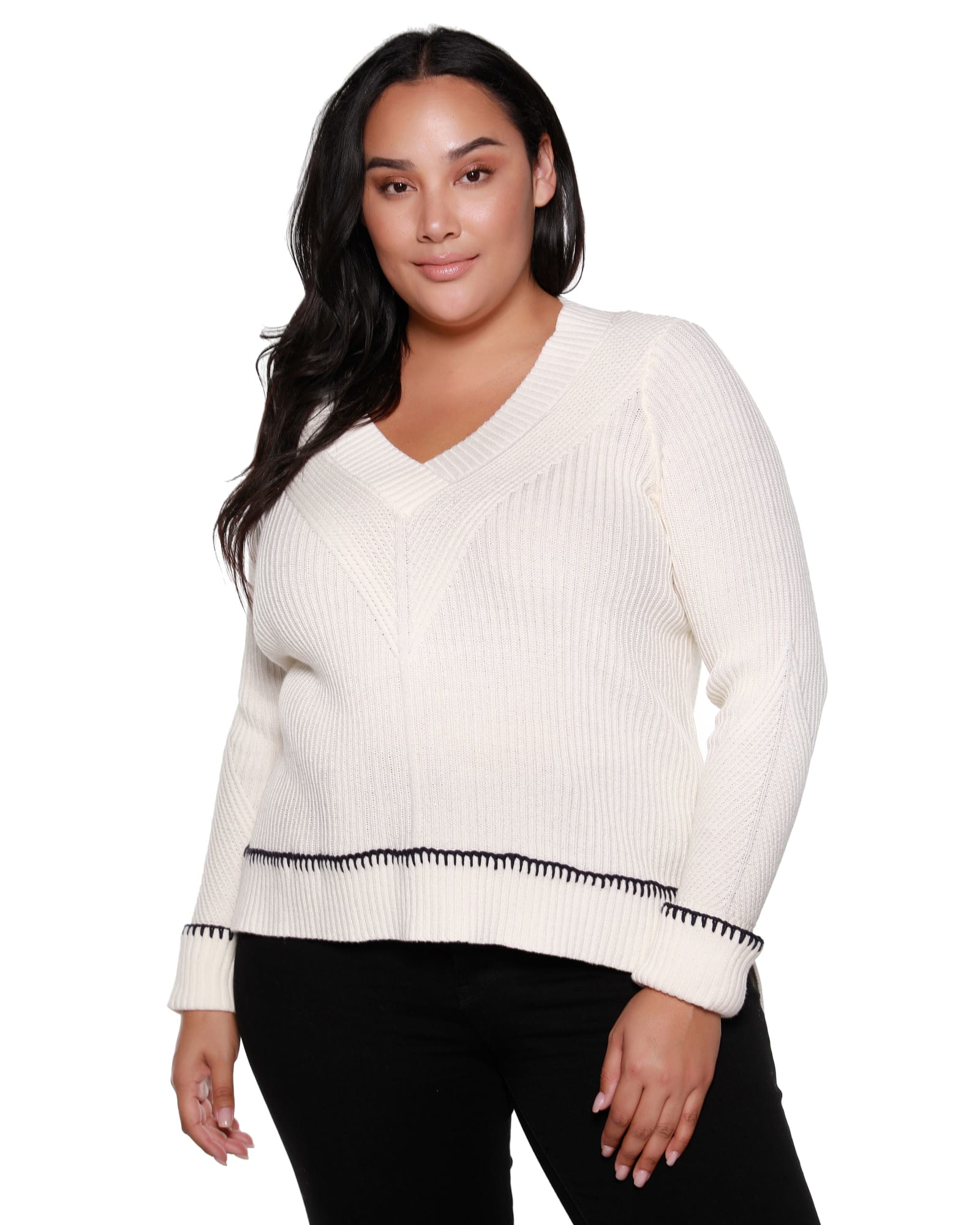 Plus Size Crossover V-Neck Sweater with Cuffed Sleeves | Winter White/Navy
