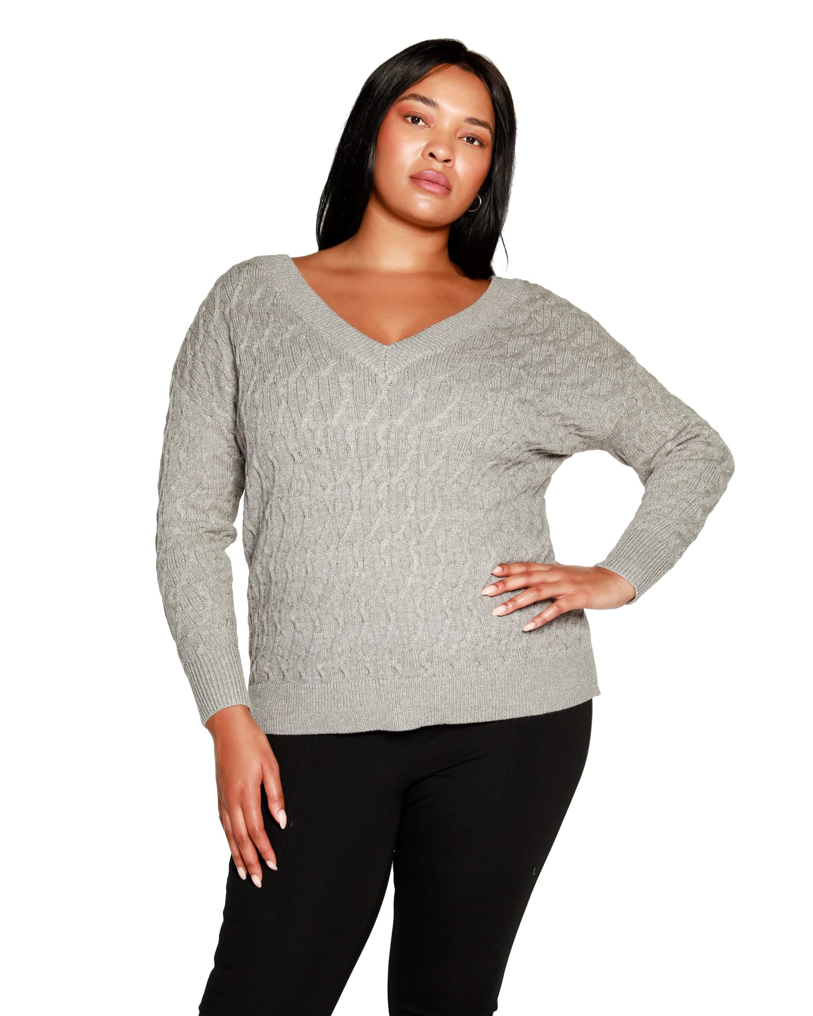 Plus Size Lurex Cable Double V-neck Sweater | Heather Grey/Silver