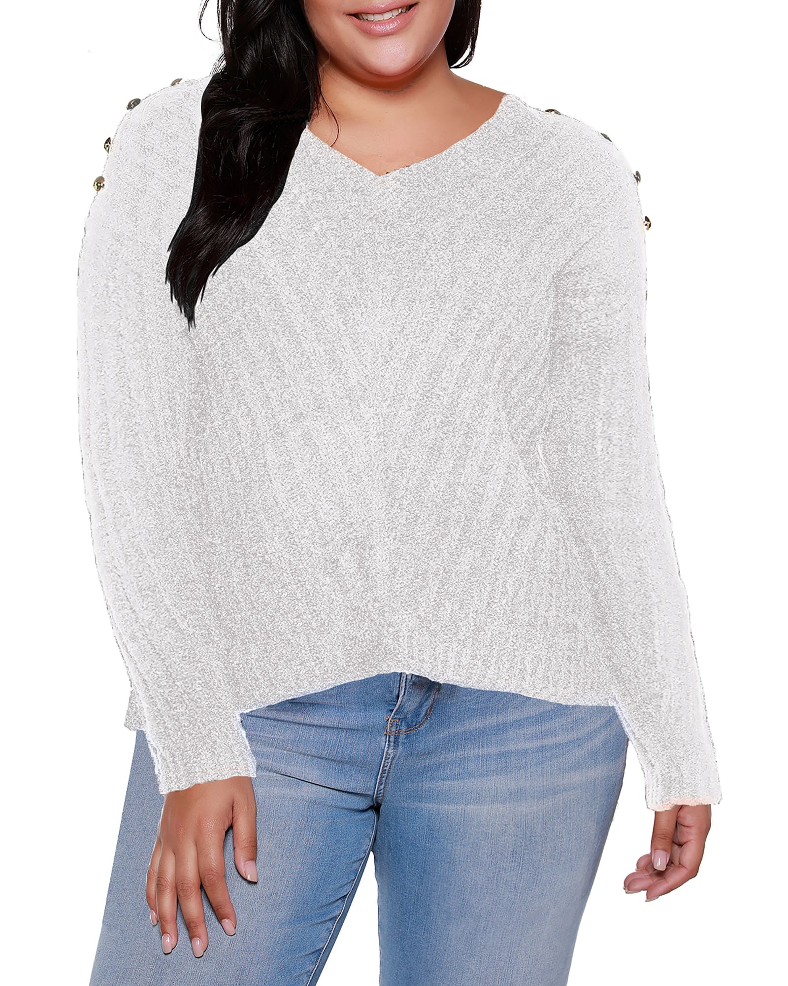 Plus Size V-Neck Rib Knit Sweater with Embellishment | Winter White