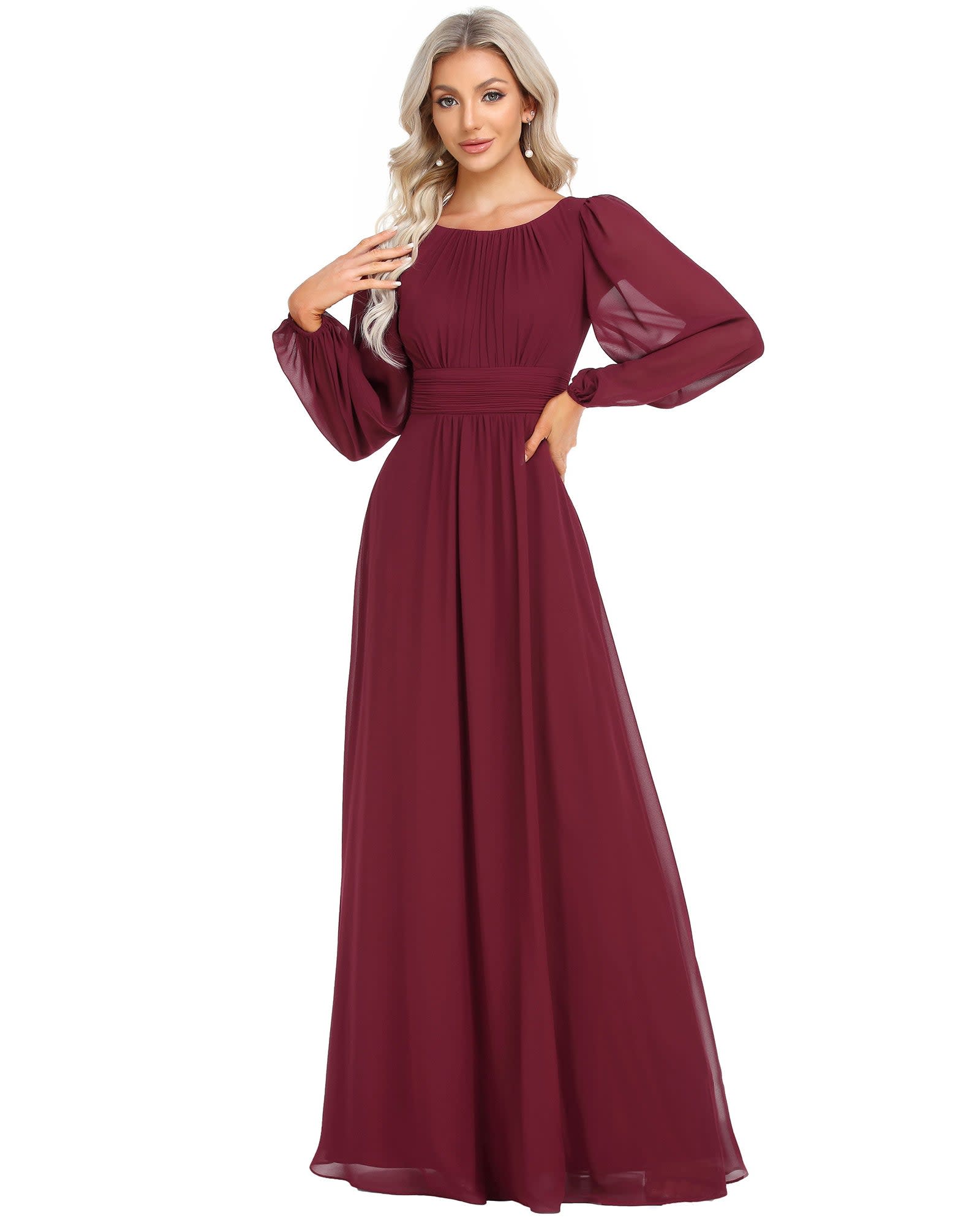 Chiffon High Empire Waist Puff Sleeve Mother Dress | Burgundy