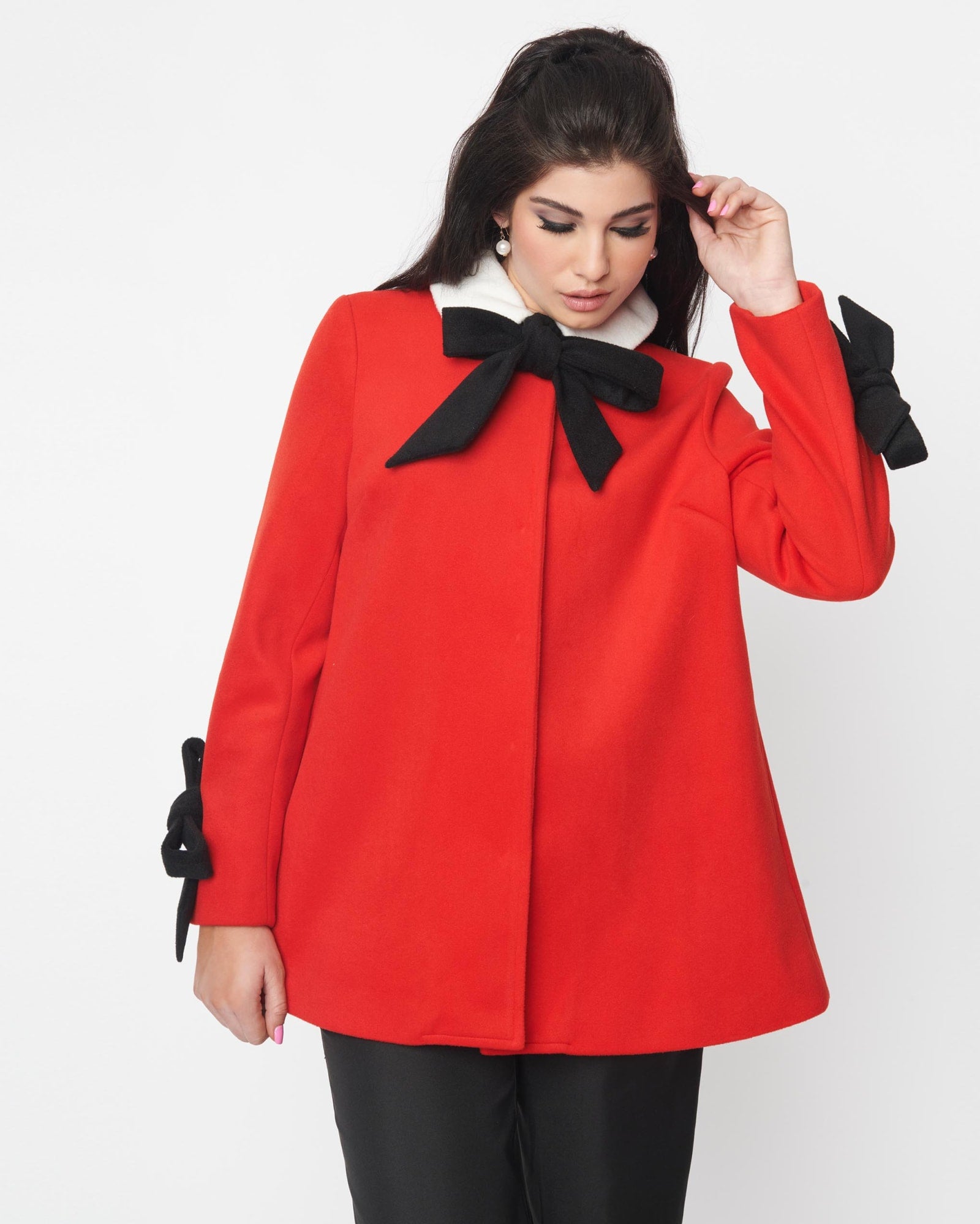 Smak Parlour Red & Black Bows Topper Coat | Red & Black Bows