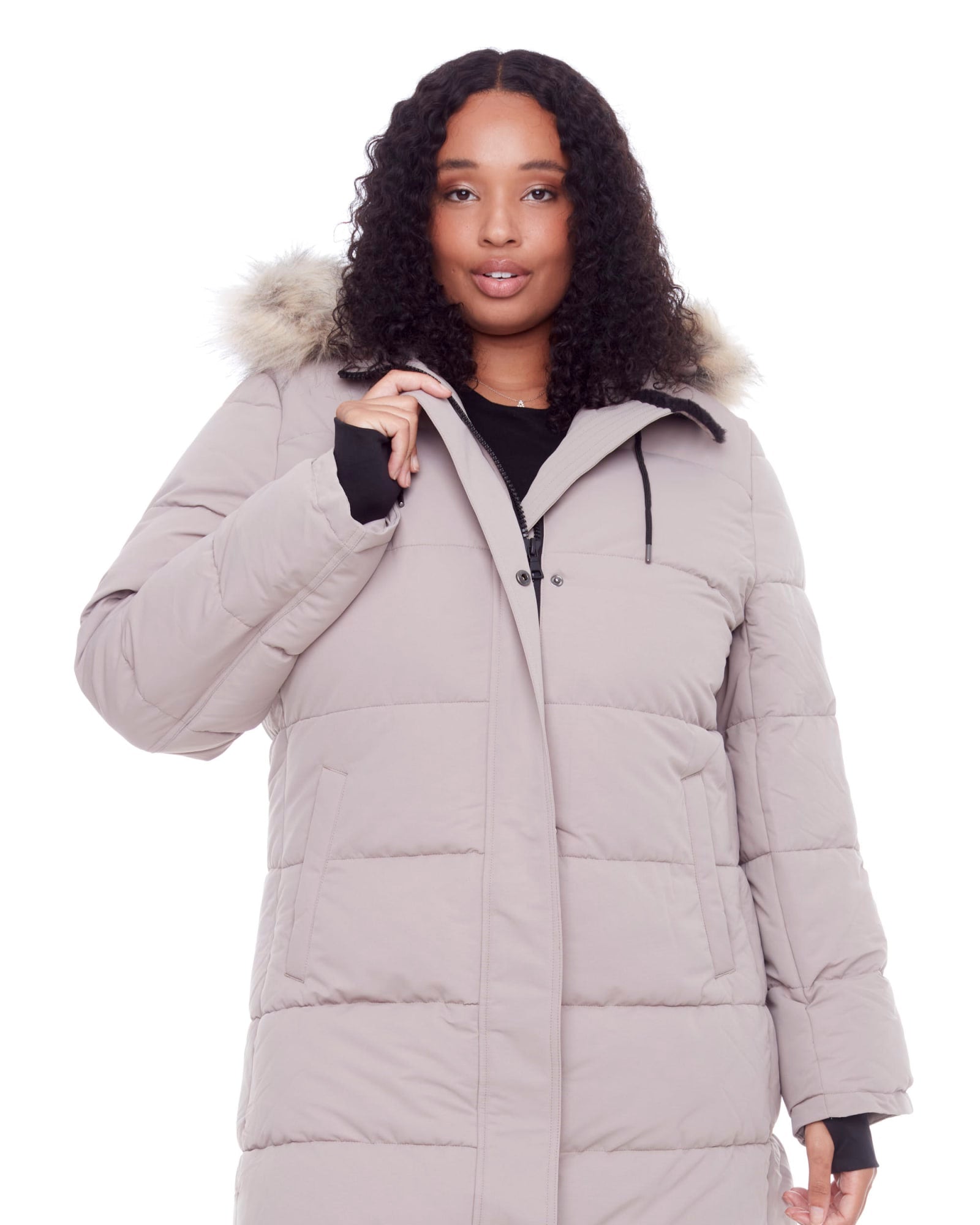 Women's Plus Size - AULAVIK | Vegan Down Recycled Mid-Length Hooded Parka Coat | Light Taupe