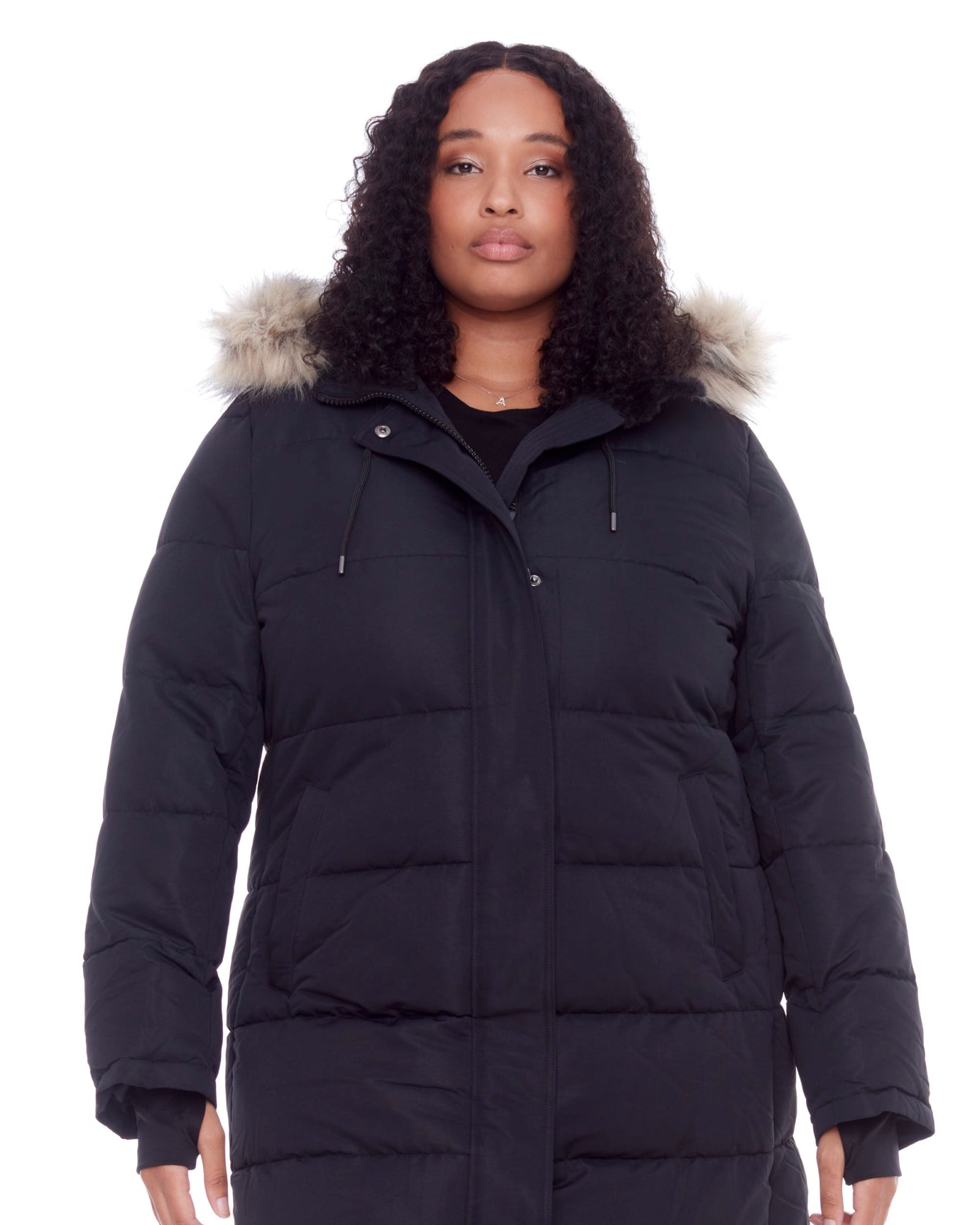 Women's Plus Size - AULAVIK | Vegan Down Recycled Mid-Length Hooded Parka Coat | Black