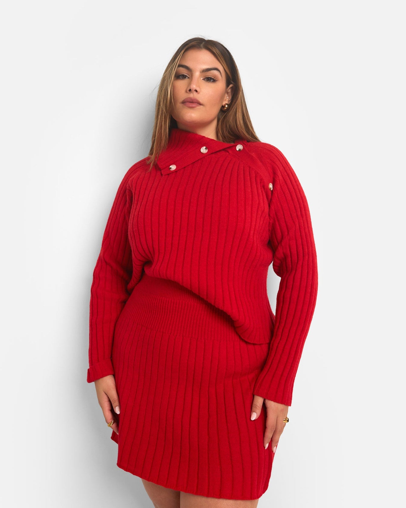 Posey Knit Button Detail Oversized Sweater - Red | Red
