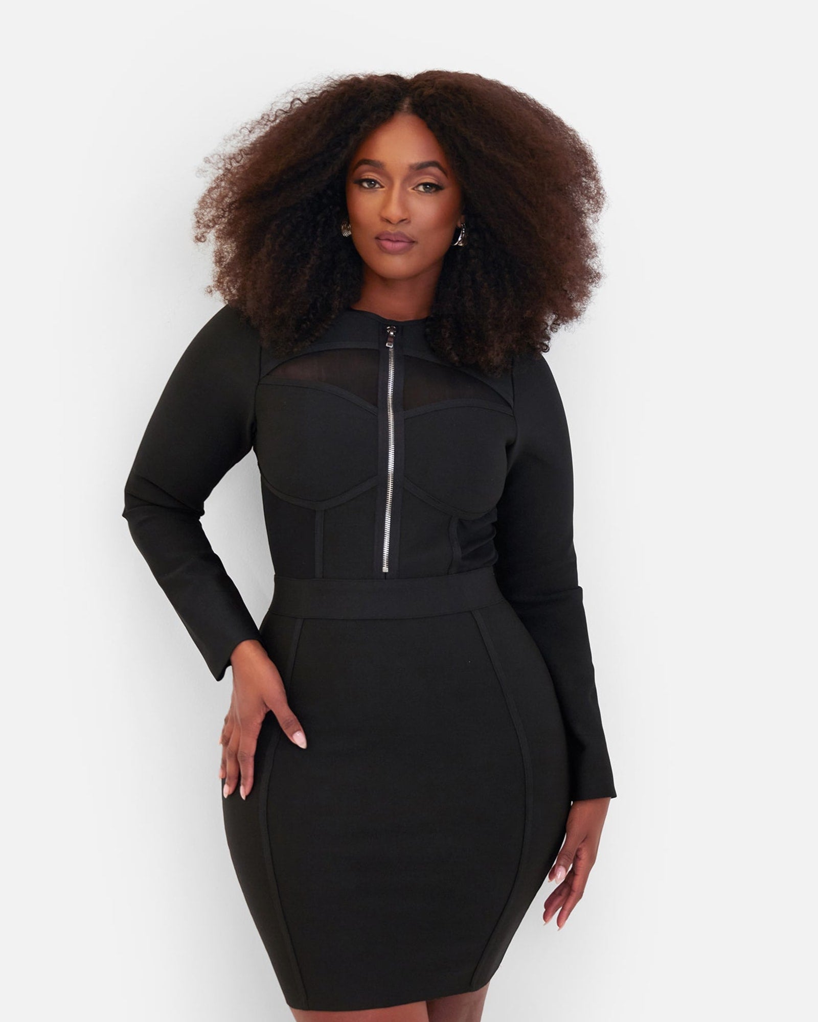 Pressure Long Sleeve Zipper Bodice Bandage Mini Dress - Black | Black