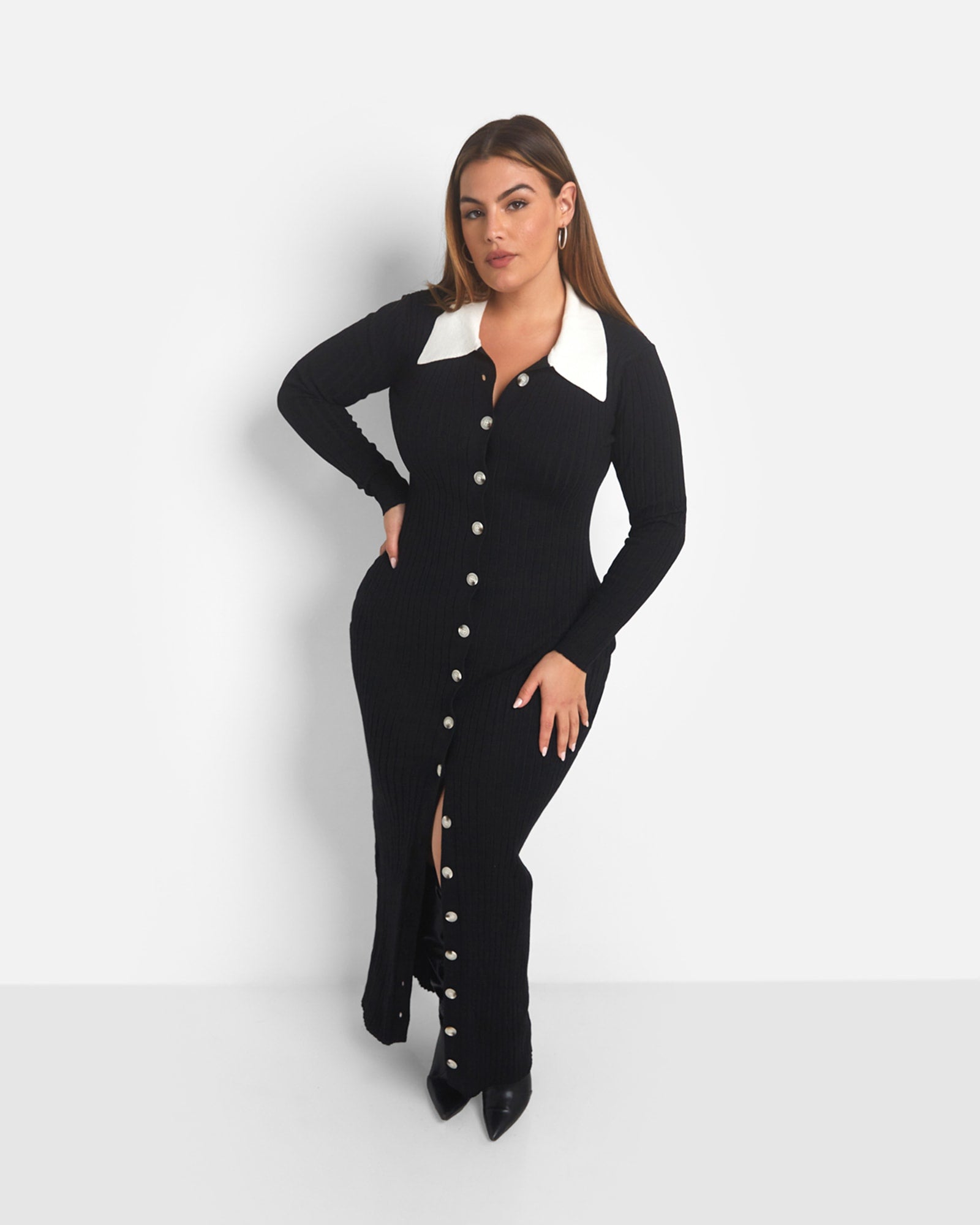 Eleanor Knit Contrast Collar Midi Bodycon Dress | Black