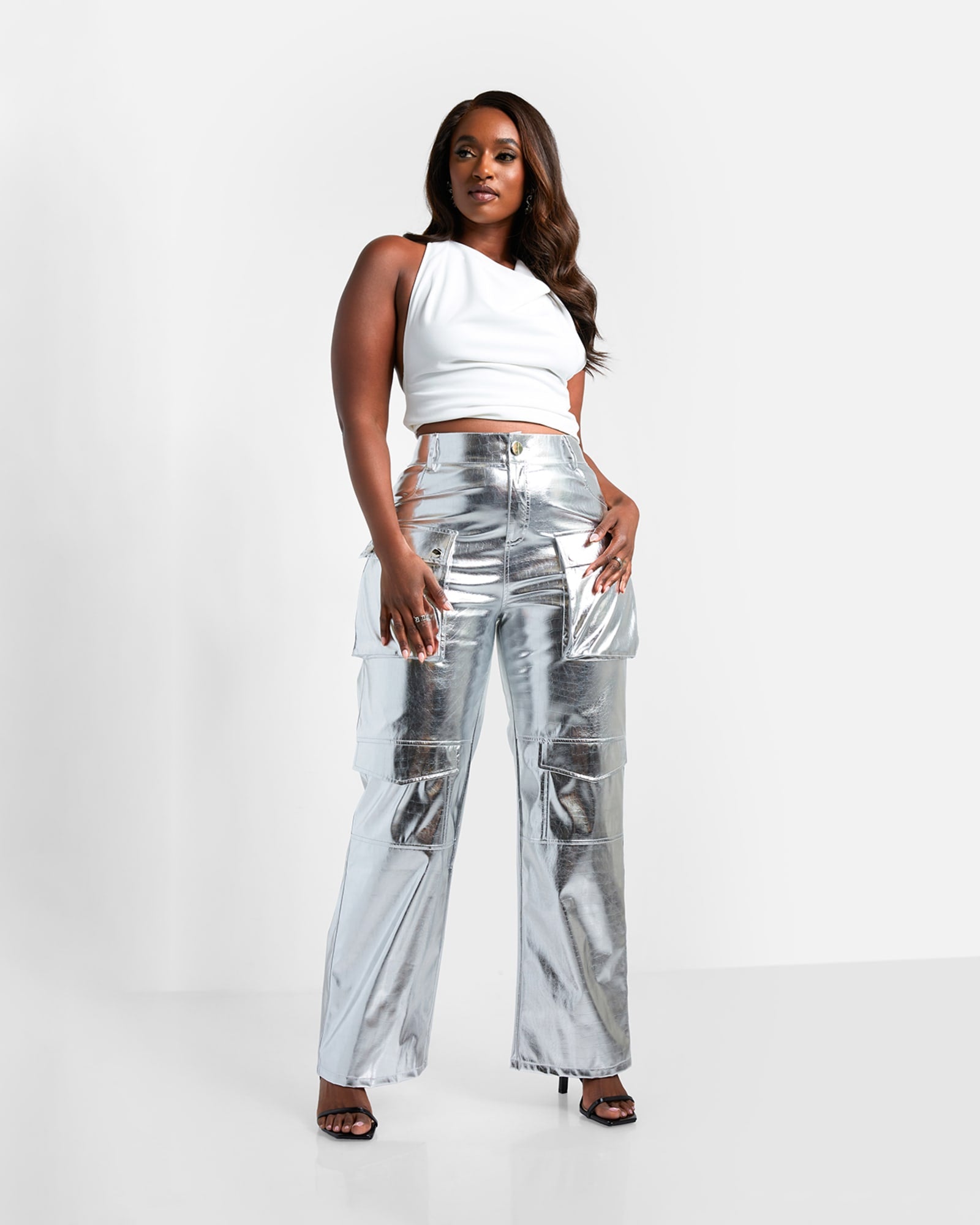 Lena Metallic Wide Leg Cargo Pants - Silver Croc | Silver