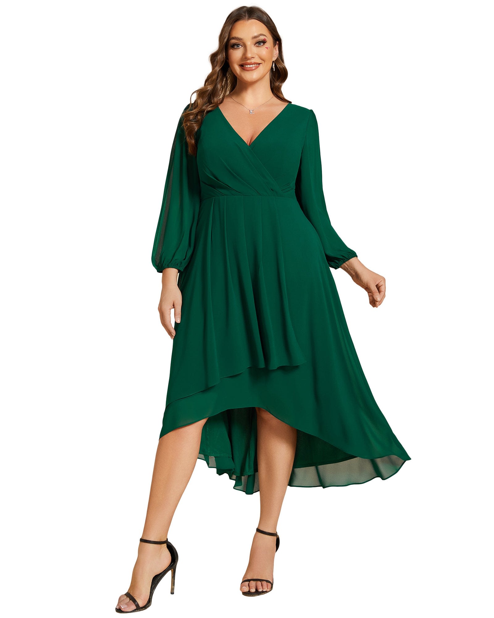 Long Sleeves Asymmetrical Hem A-Line Midi Wedding Guest Dress | Dark Green