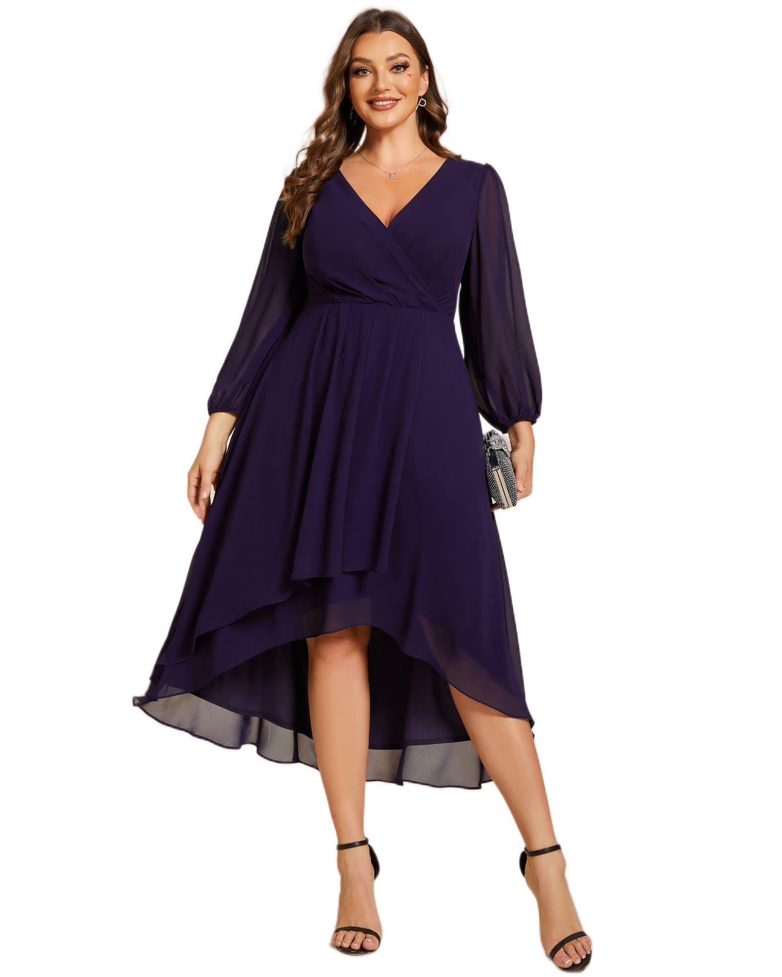 Long Sleeves Asymmetrical Hem A-Line Midi Wedding Guest Dress | Dark Purple