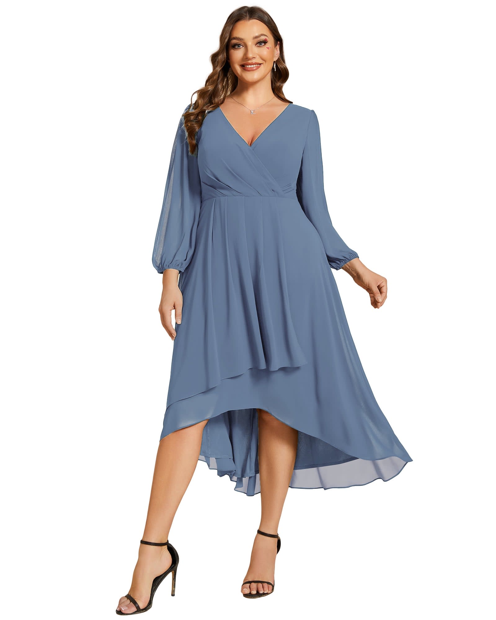 Long Sleeves Asymmetrical Hem A-Line Midi Wedding Guest Dress | Dusty Navy