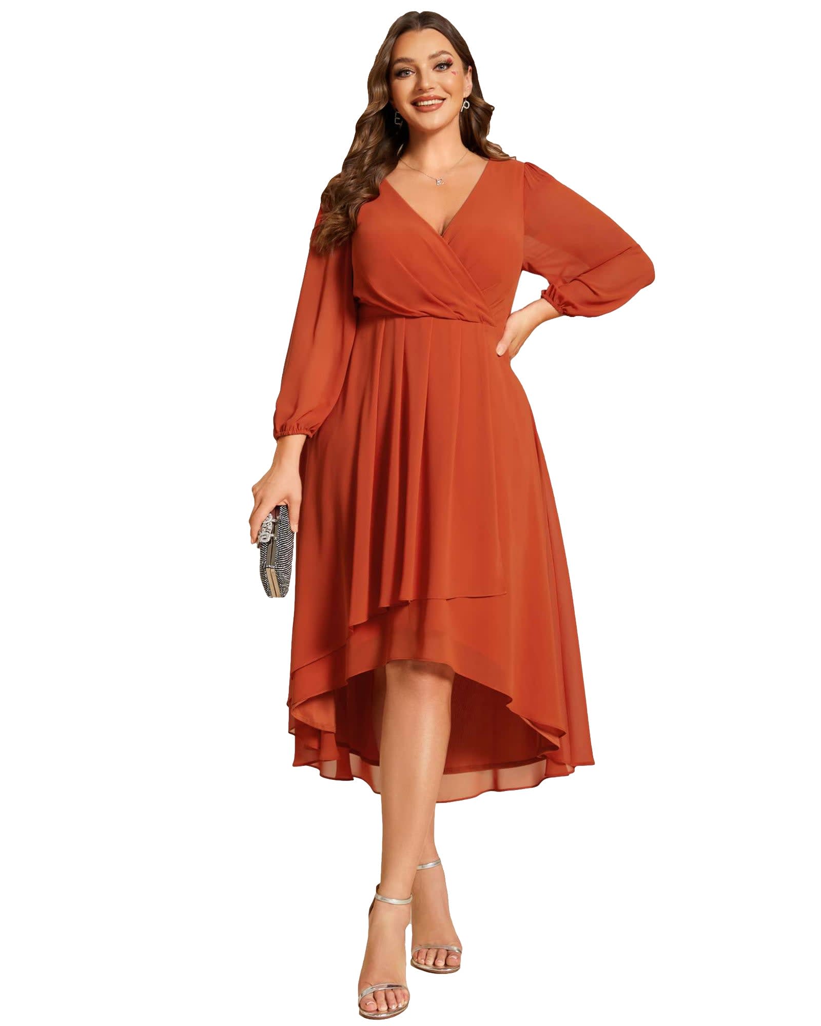 Final Sale Plus Size Long Sleeve Casual Loose Pocket Dress in Orange