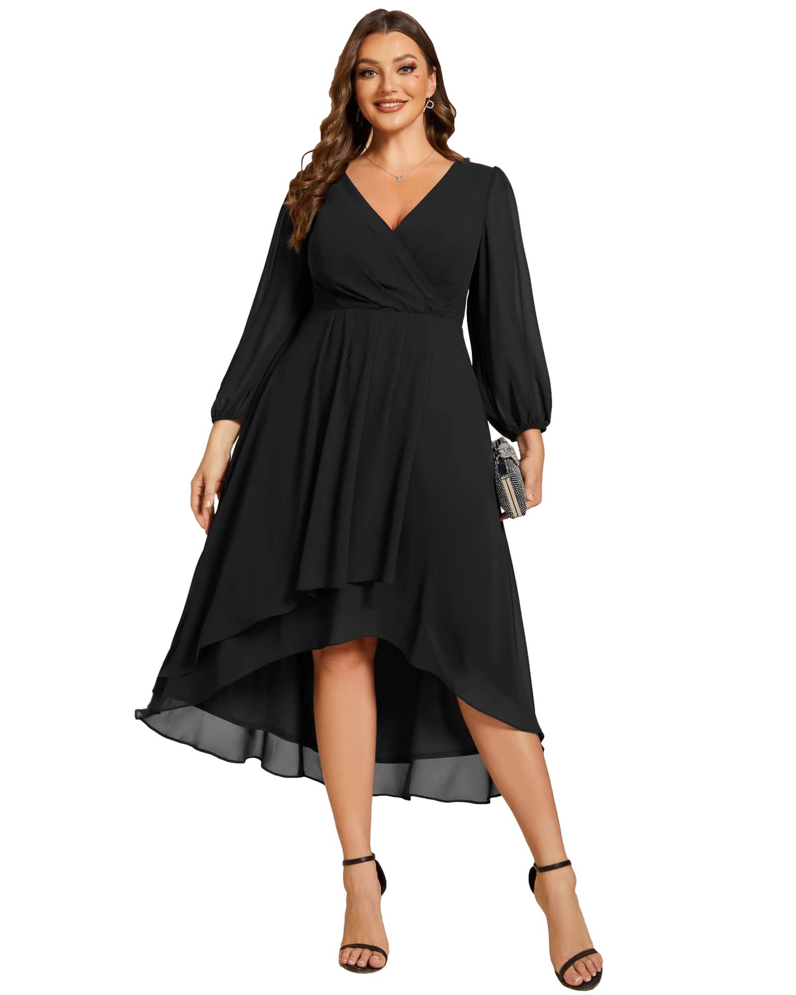 Long Sleeves Asymmetrical Hem A-Line Midi Wedding Guest Dress | Black