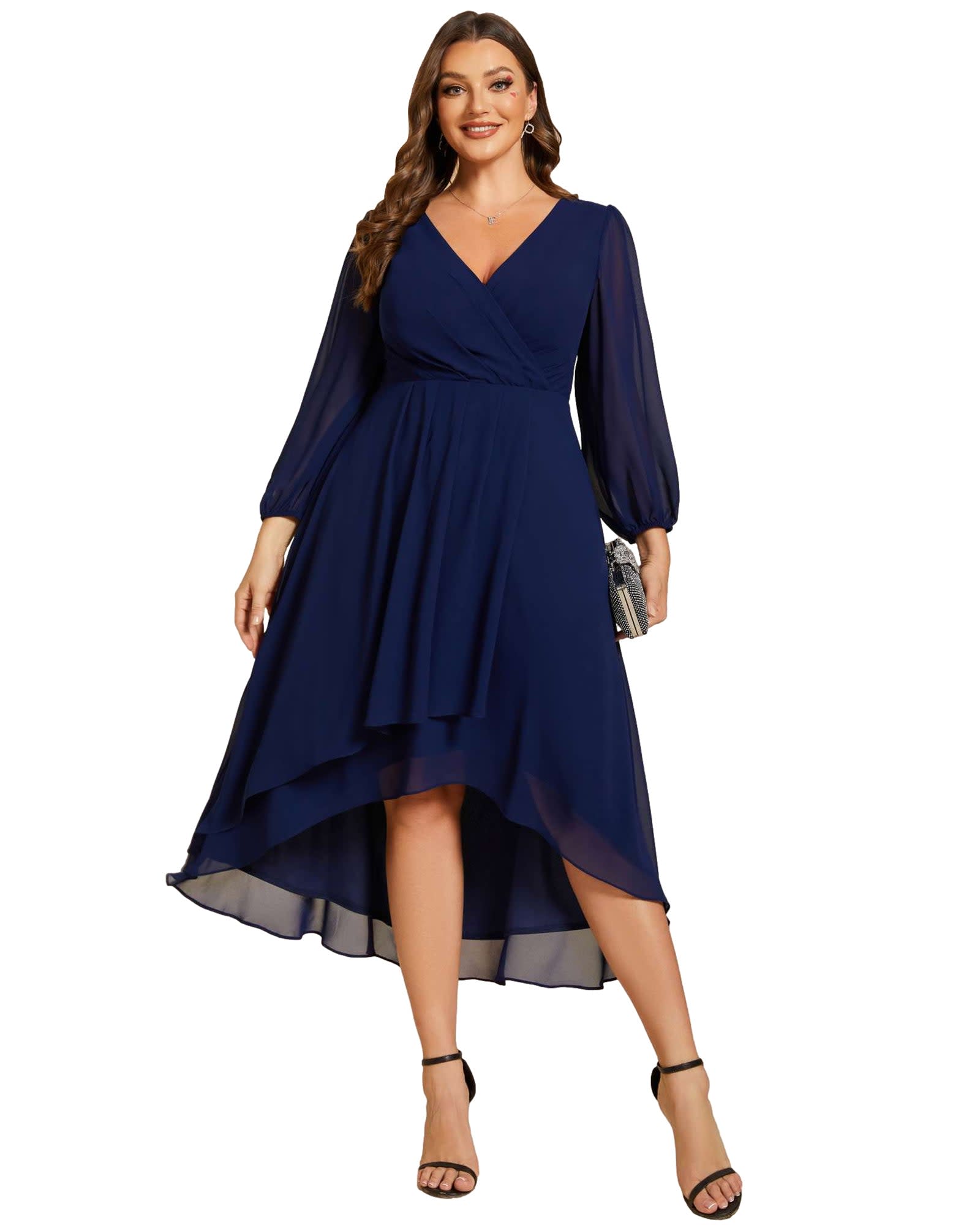 Long Sleeves Asymmetrical Hem A-Line Midi Wedding Guest Dress | Navy Blue