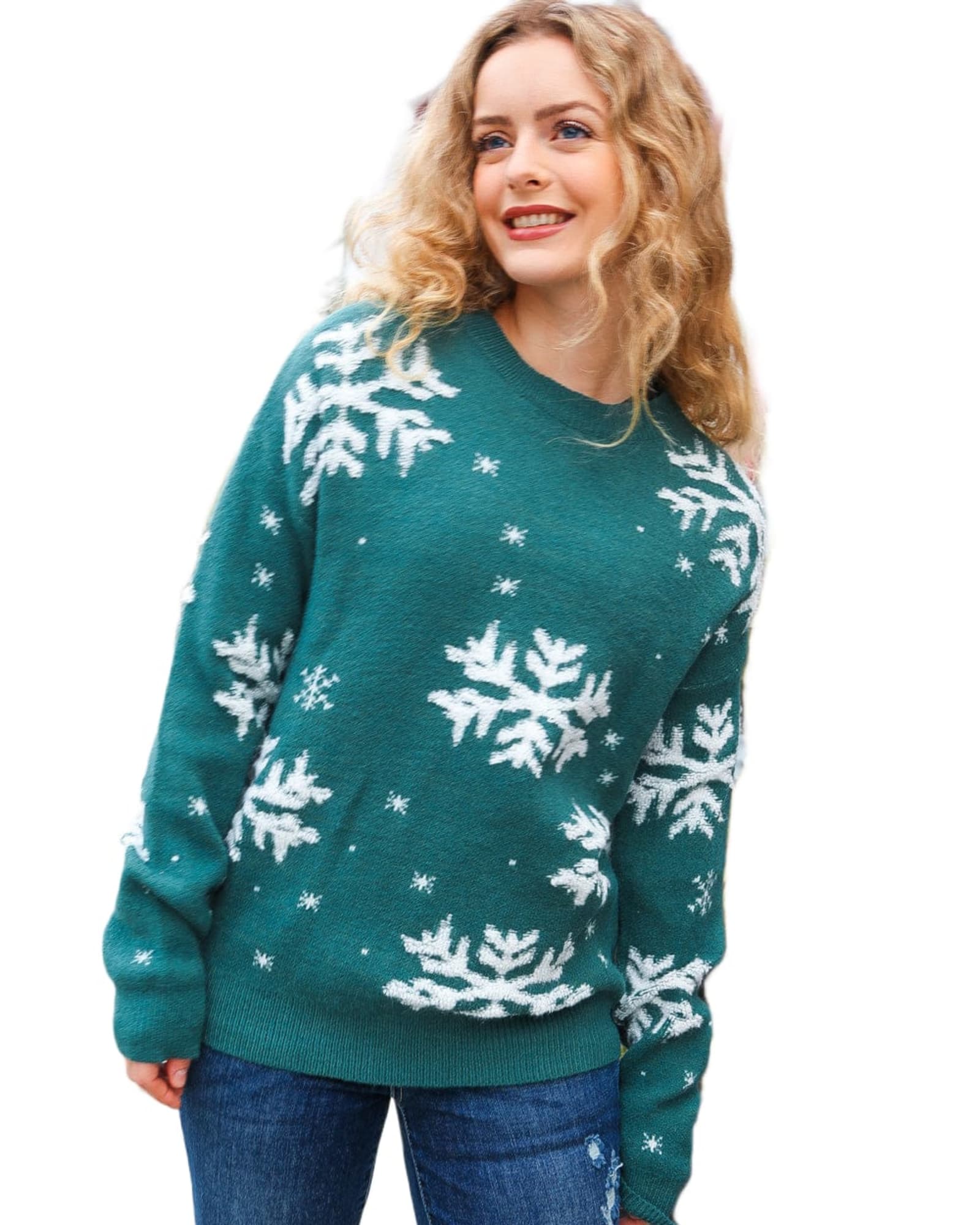 Season Greetings Hunter Green Puffy Snowflake Jacquard Sweater | Green