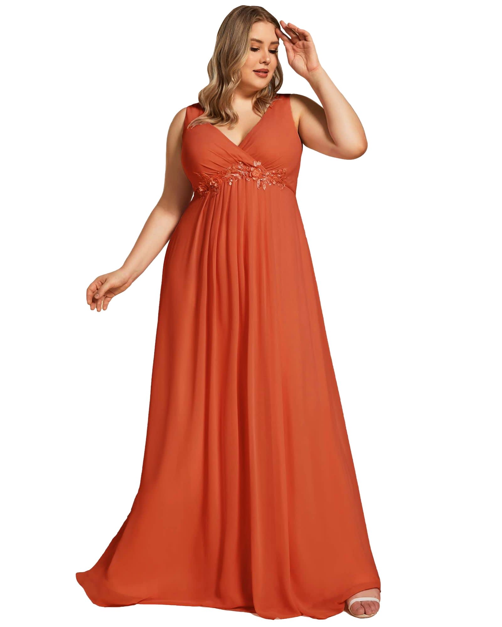 Floral Applique Sleeveless Chiffon Long Formal Evening Dress | Burnt Orange