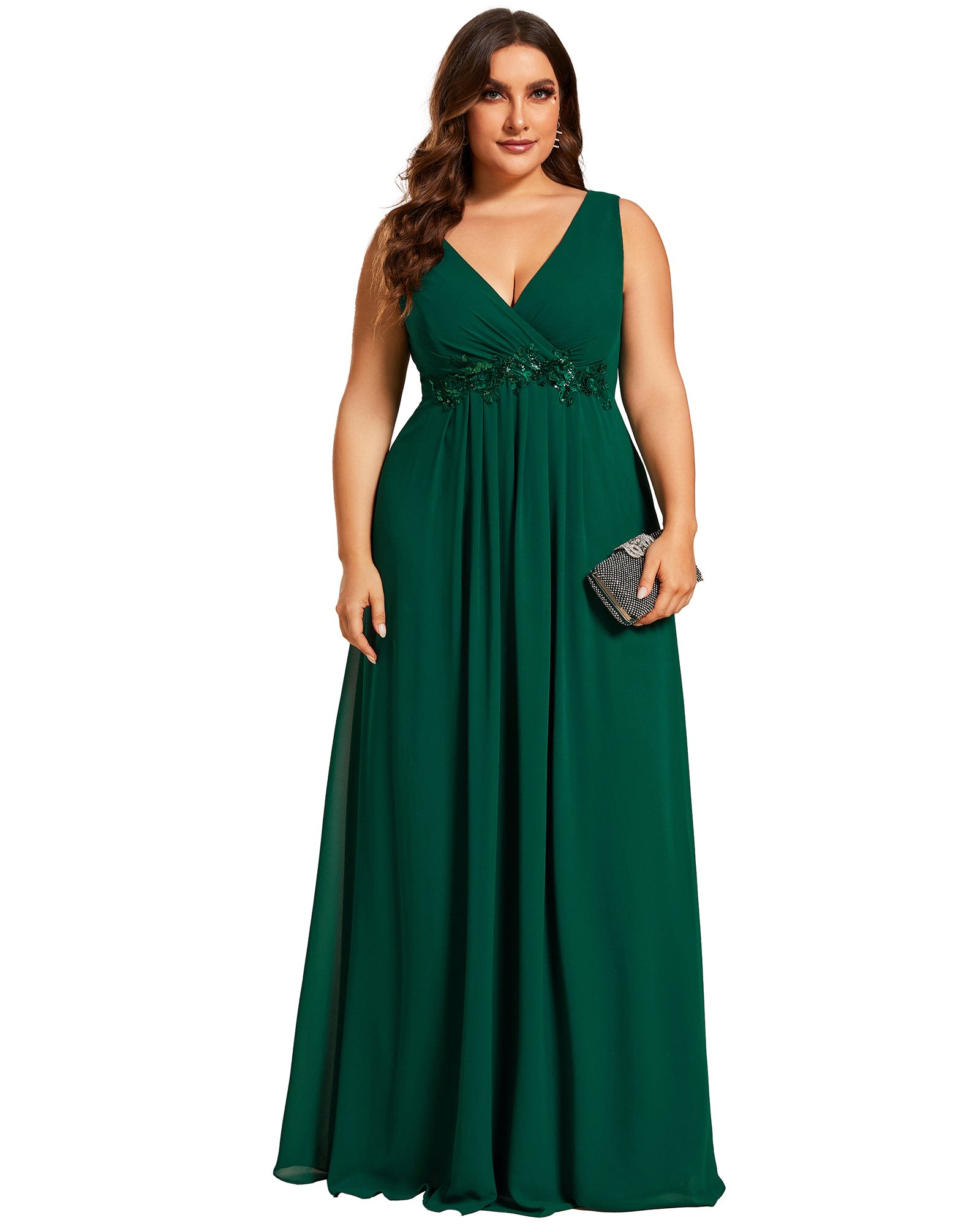 Floral Applique Sleeveless Chiffon Long Formal Evening Dress | Dark Green