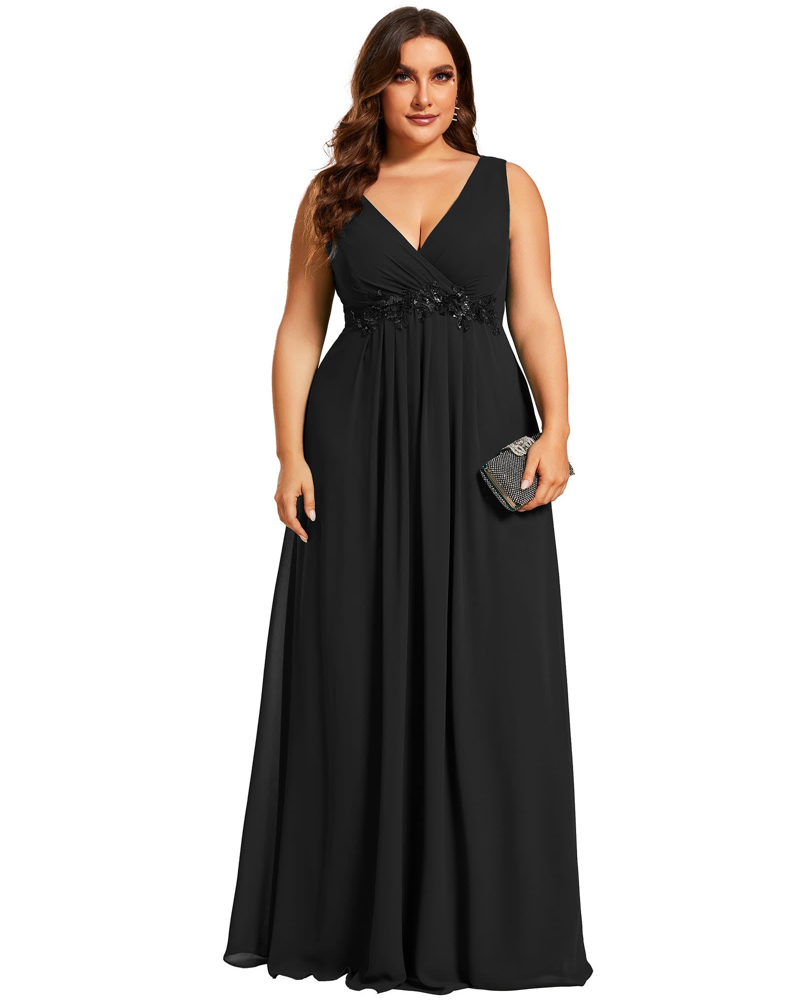 Floral Applique Sleeveless Chiffon Long Formal Evening Dress | Black