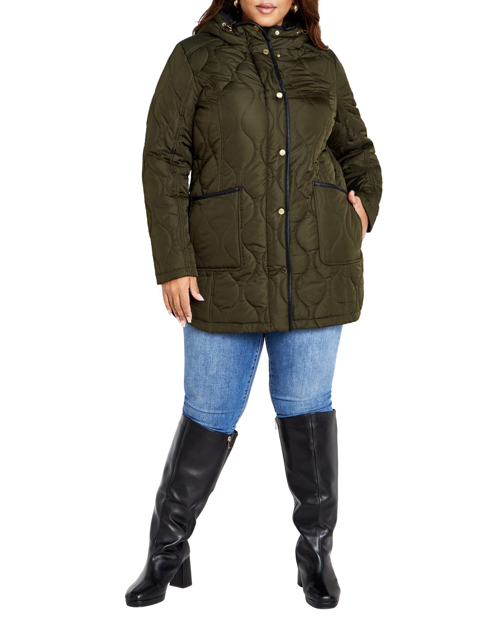 Quilted Contrast Coat | Olive Green