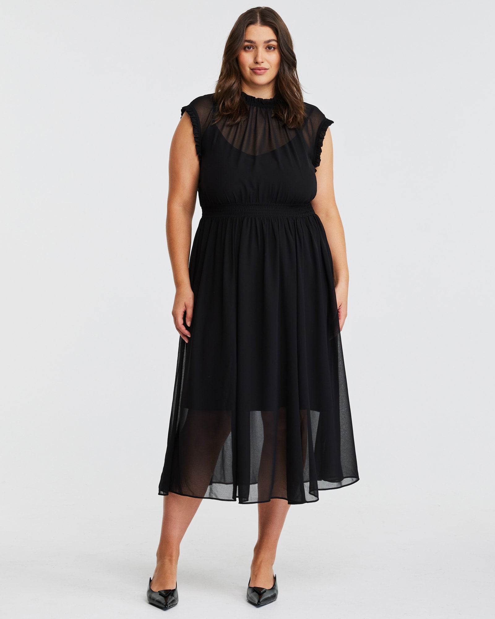 Sheer Frill Midi Dress | BLACK