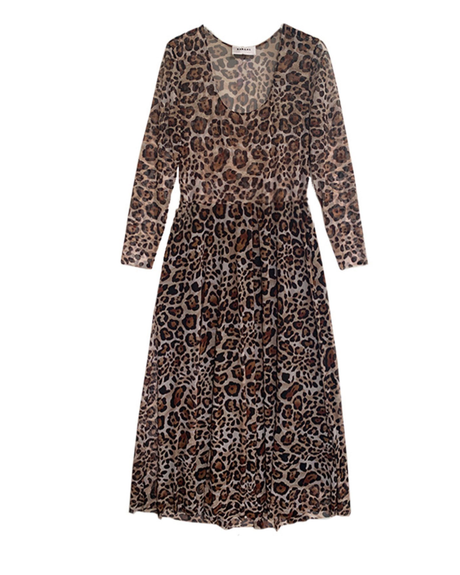 Brown Leopard Print Mesh Long Sleeve Midi Dress