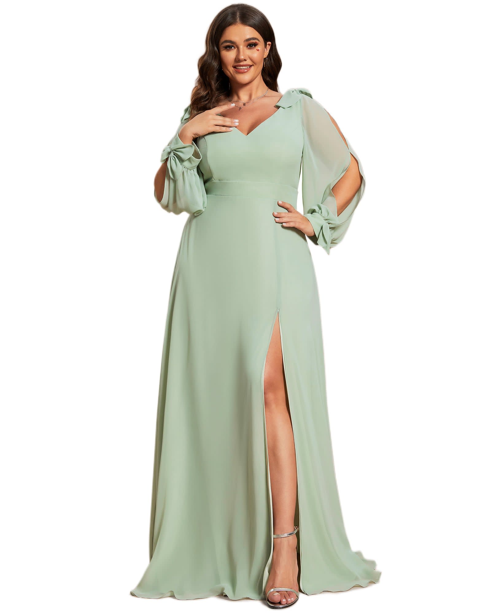 Open Lantern Sleeve A-Line Bridesmaid Dress | Mint Green