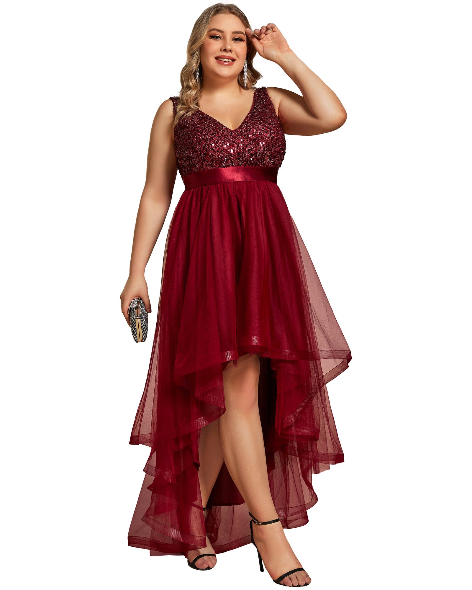 Sleeveless Sequin Ribbon Waist Tulle High Low Evening Dress | Burgundy