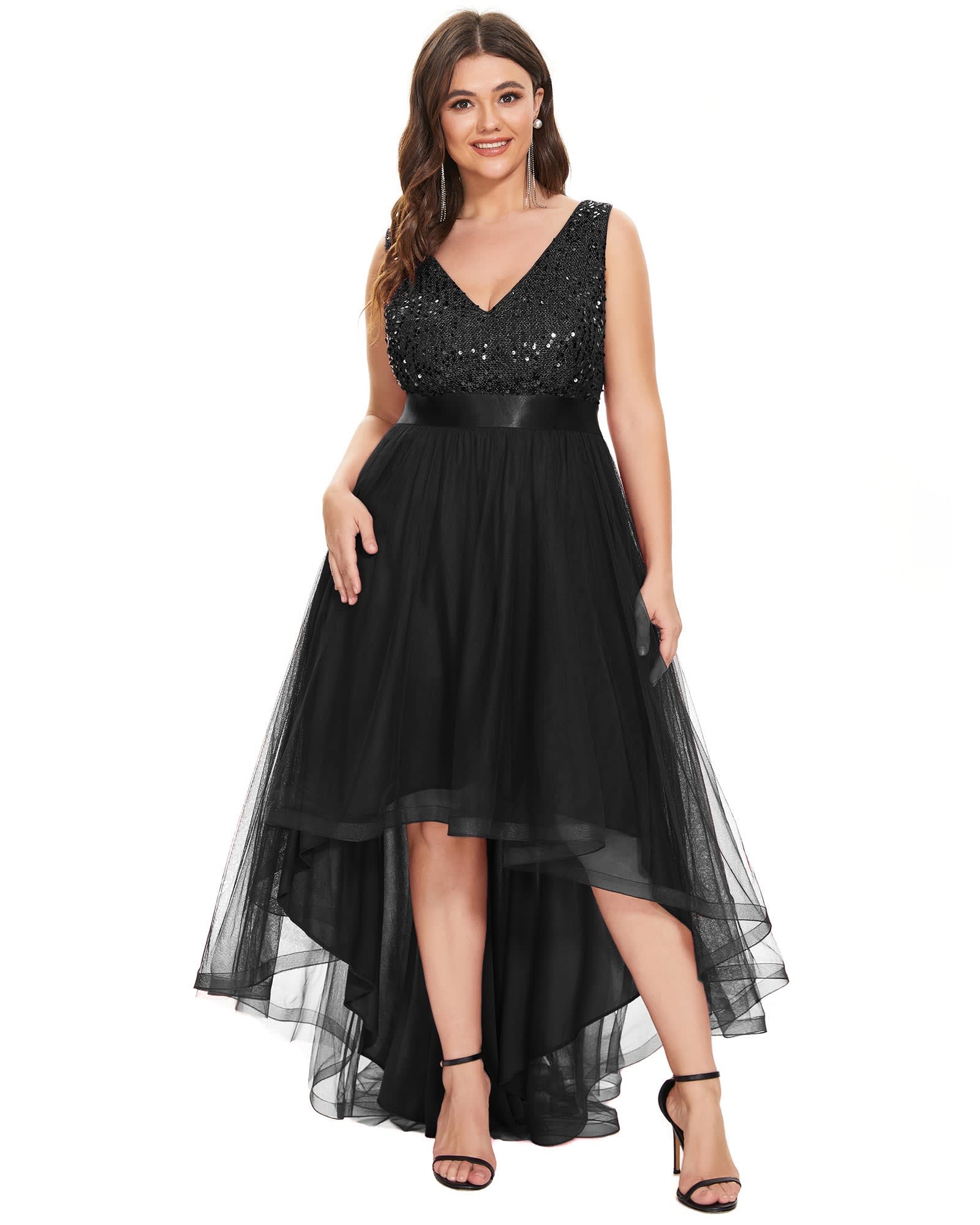 Sleeveless Sequin Ribbon Waist Tulle High Low Evening Dress | Black