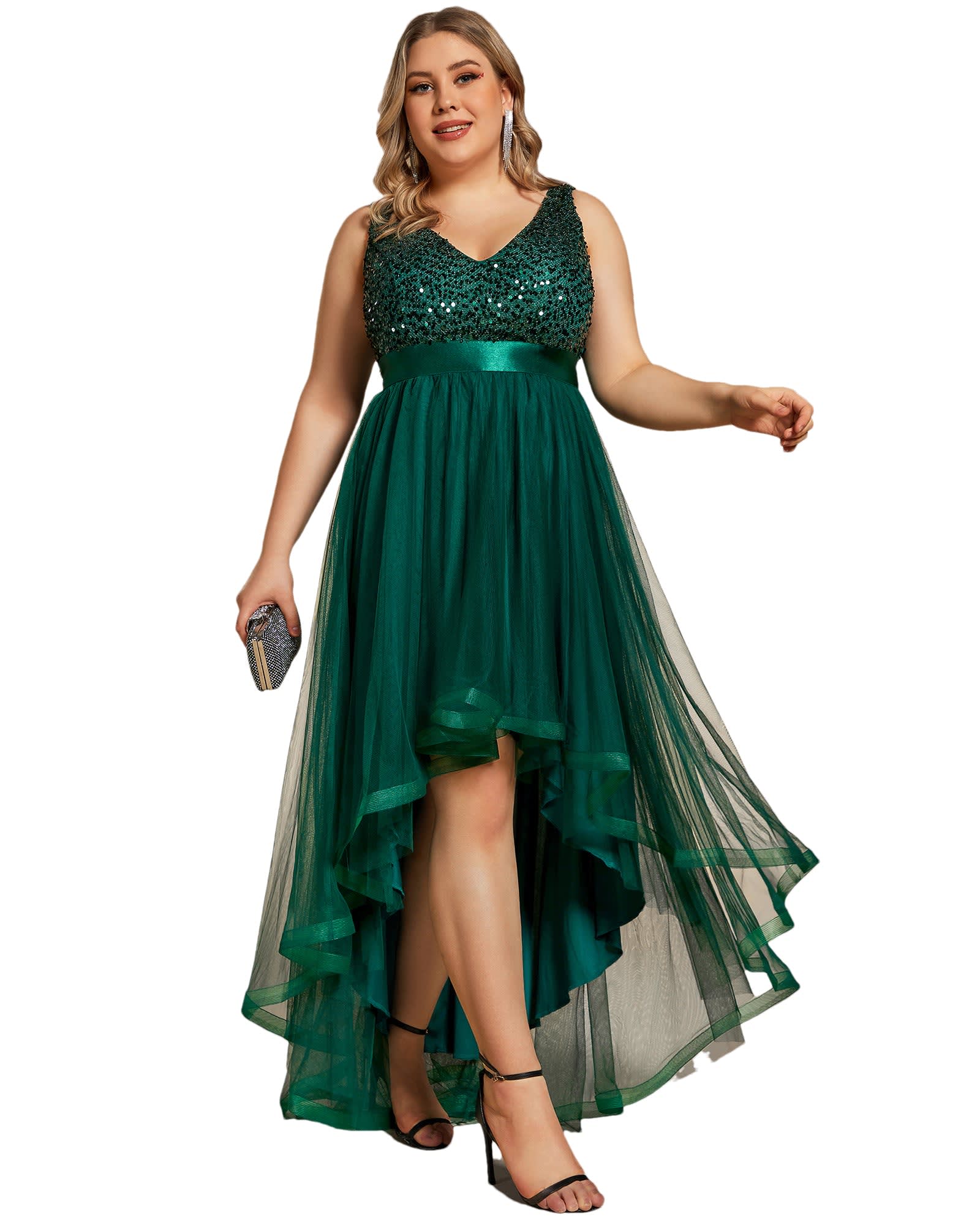 Sleeveless Sequin Ribbon Waist Tulle High Low Evening Dress | Dark Green