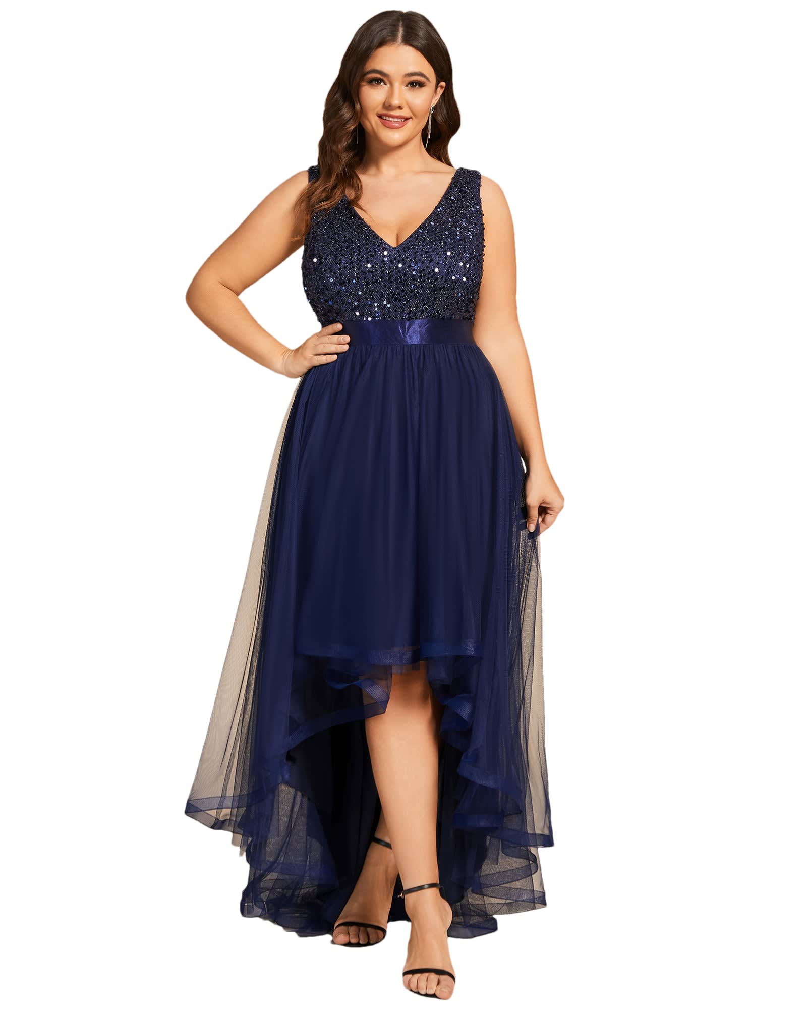 Sleeveless Sequin Ribbon Waist Tulle High Low Evening Dress | Navy Blue