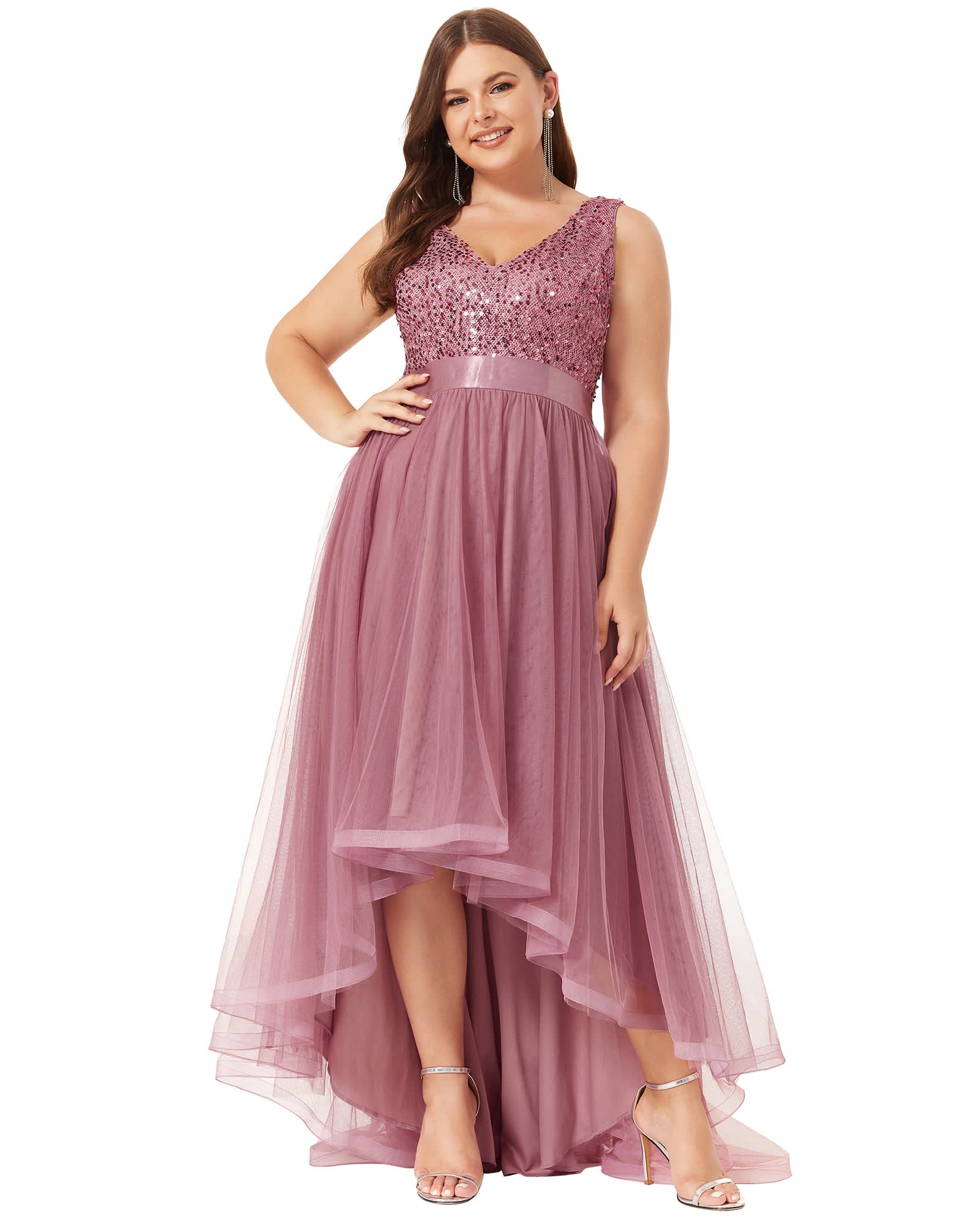 Sleeveless Sequin Ribbon Waist Tulle High Low Evening Dress | Purple Orchid