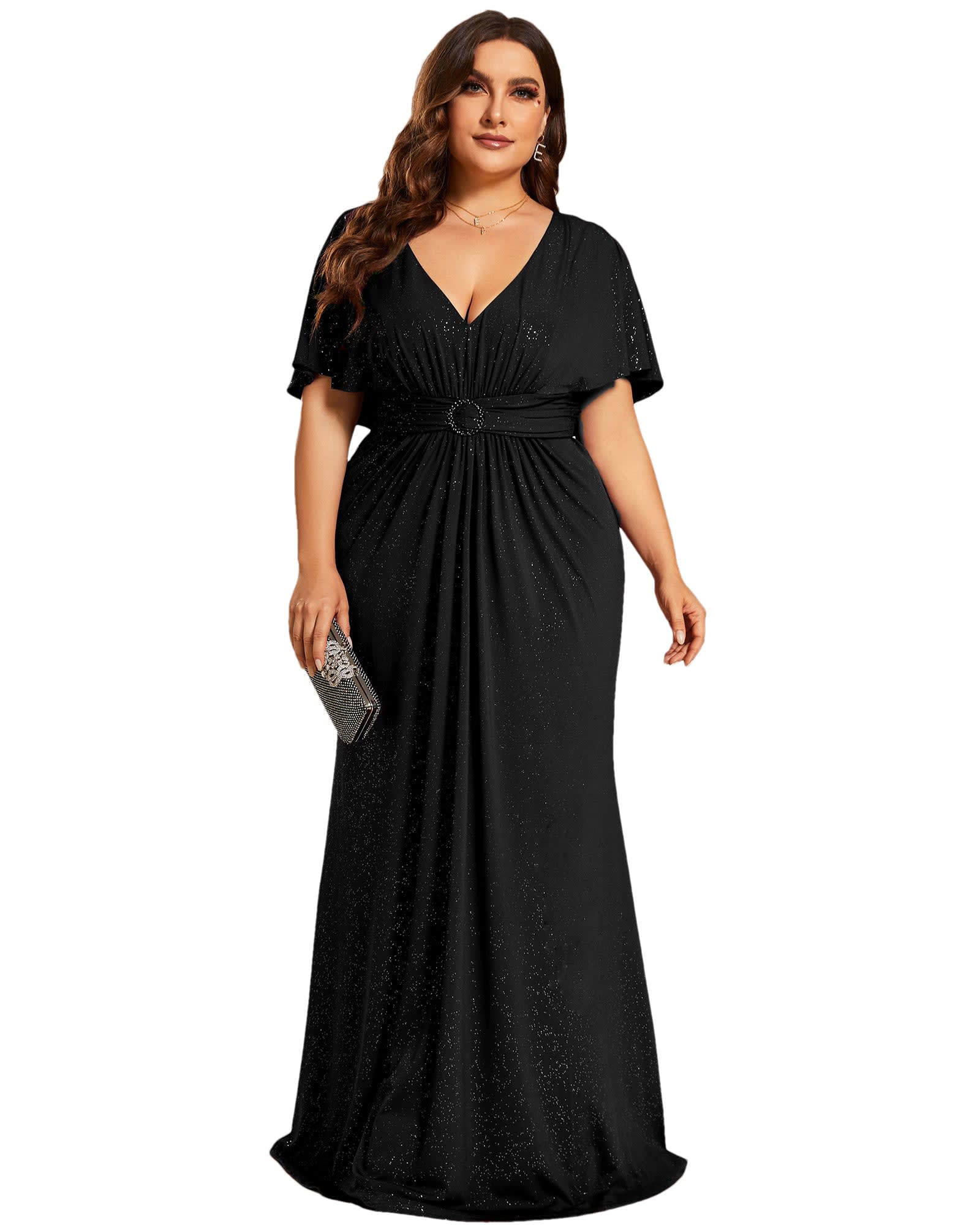 Plus Size Glitter Bat-Wing Sleeve Waist-Cinching Mermaid Evening Dress | Black