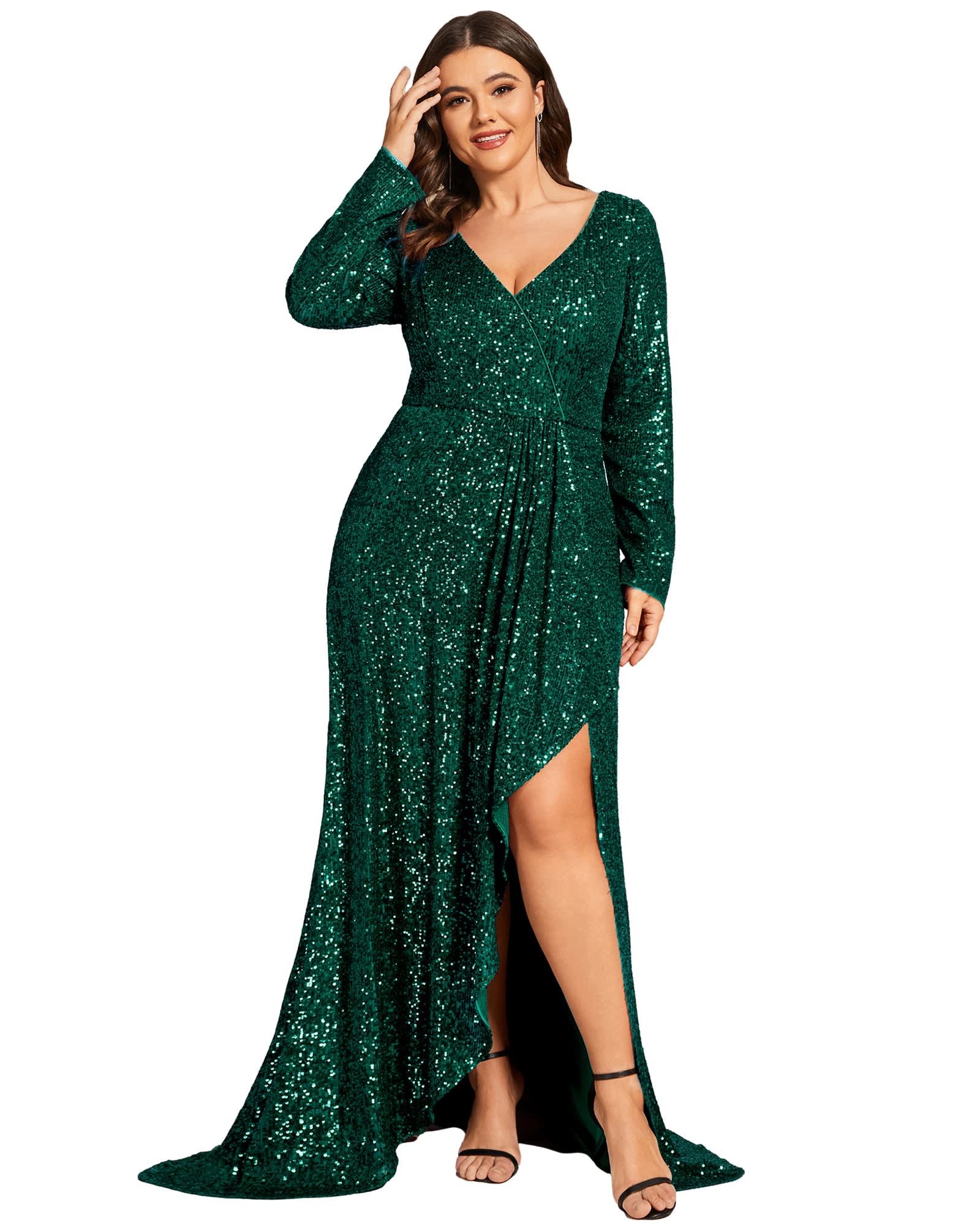 Sequin Long Sleeve V-neck Asymmetrical Hem Evening Dress | Dark Green