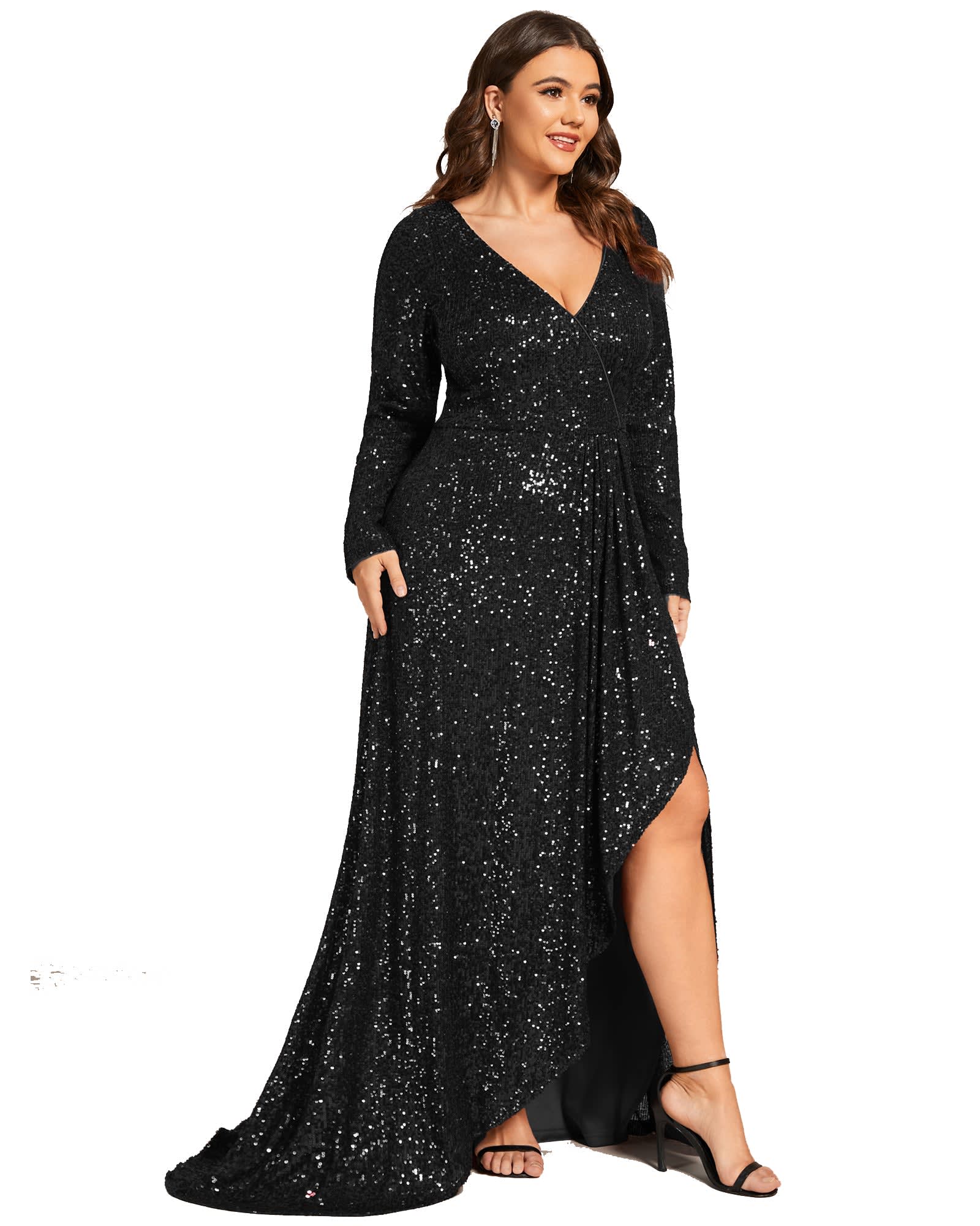 Sequin Long Sleeve V-neck Asymmetrical Hem Evening Dress | Black