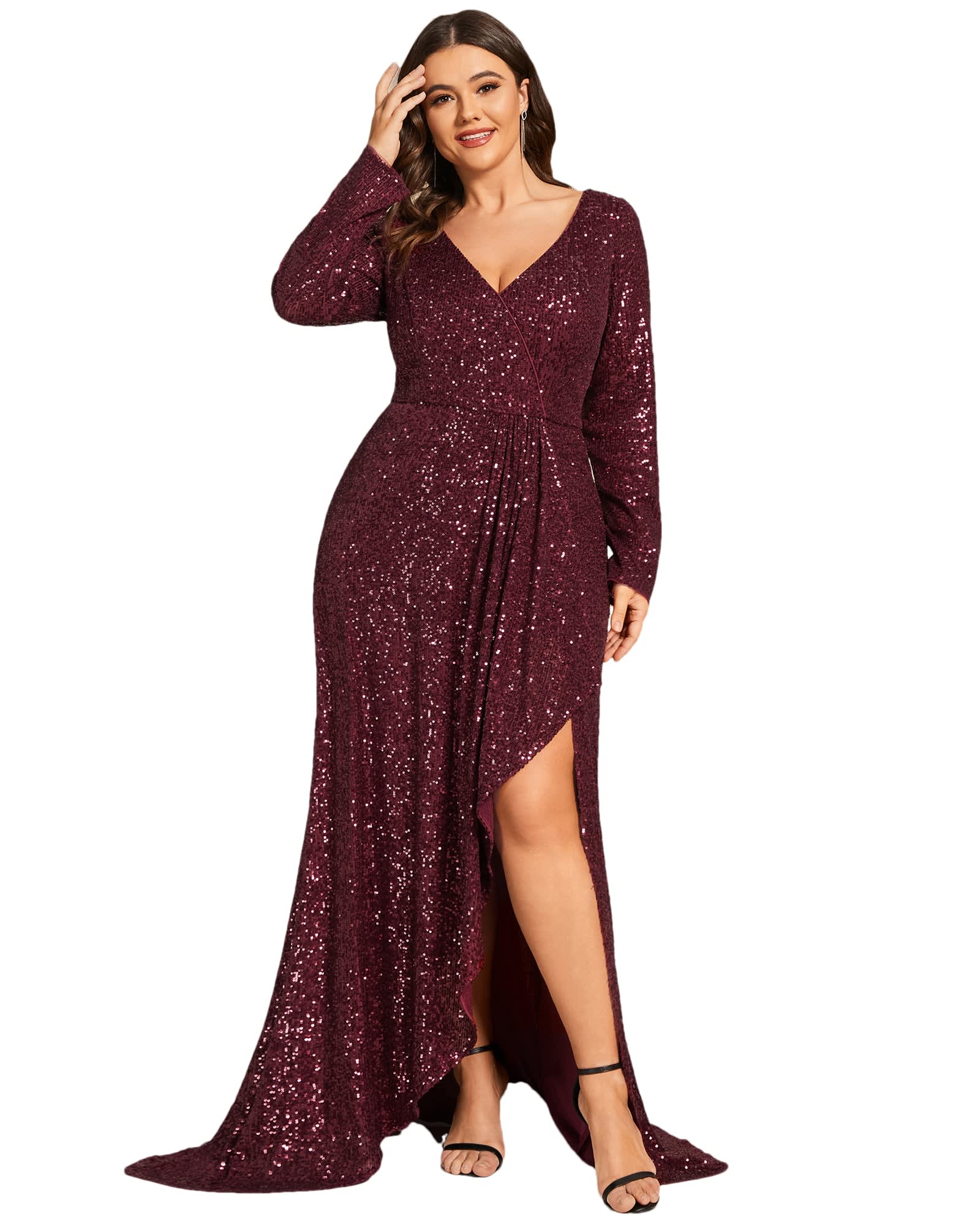 Sequin Long Sleeve V-neck Asymmetrical Hem Evening Dress | Burgundy