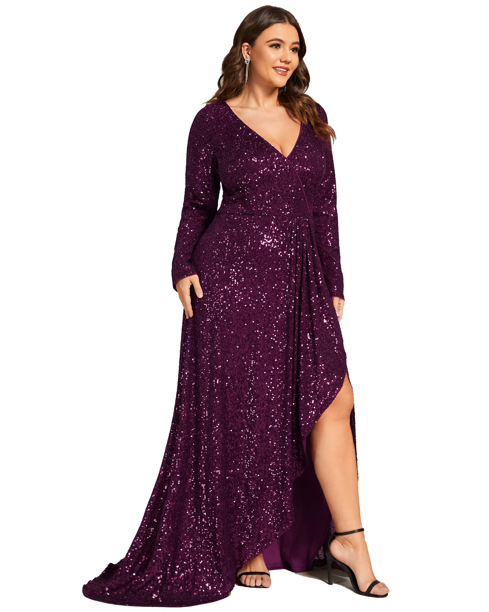 Sequin Long Sleeve V-neck Asymmetrical Hem Evening Dress | Dark Purple