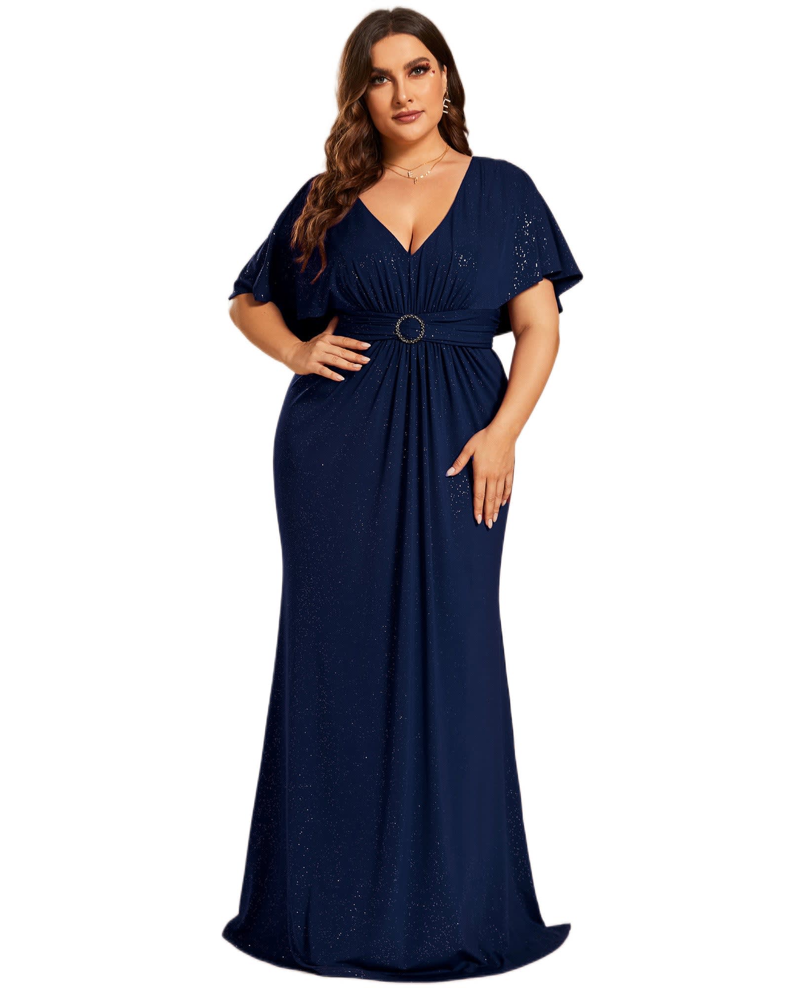 Plus Size Glitter Bat-Wing Sleeve Waist-Cinching Mermaid Evening Dress | Navy Blue