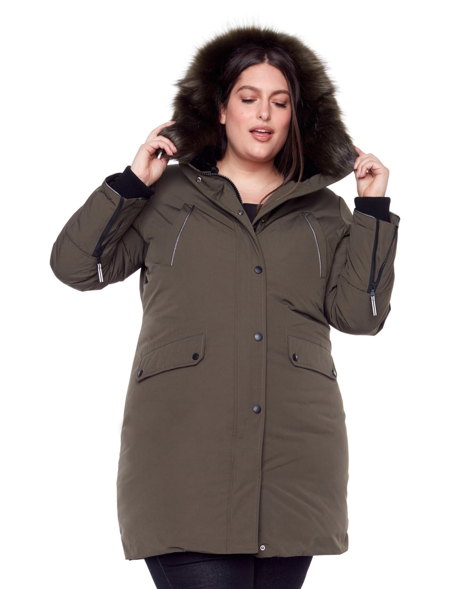 LAURENTIAN | Vegan Down Recycled Long Parka Winter With Faux Fur Hood | Olive