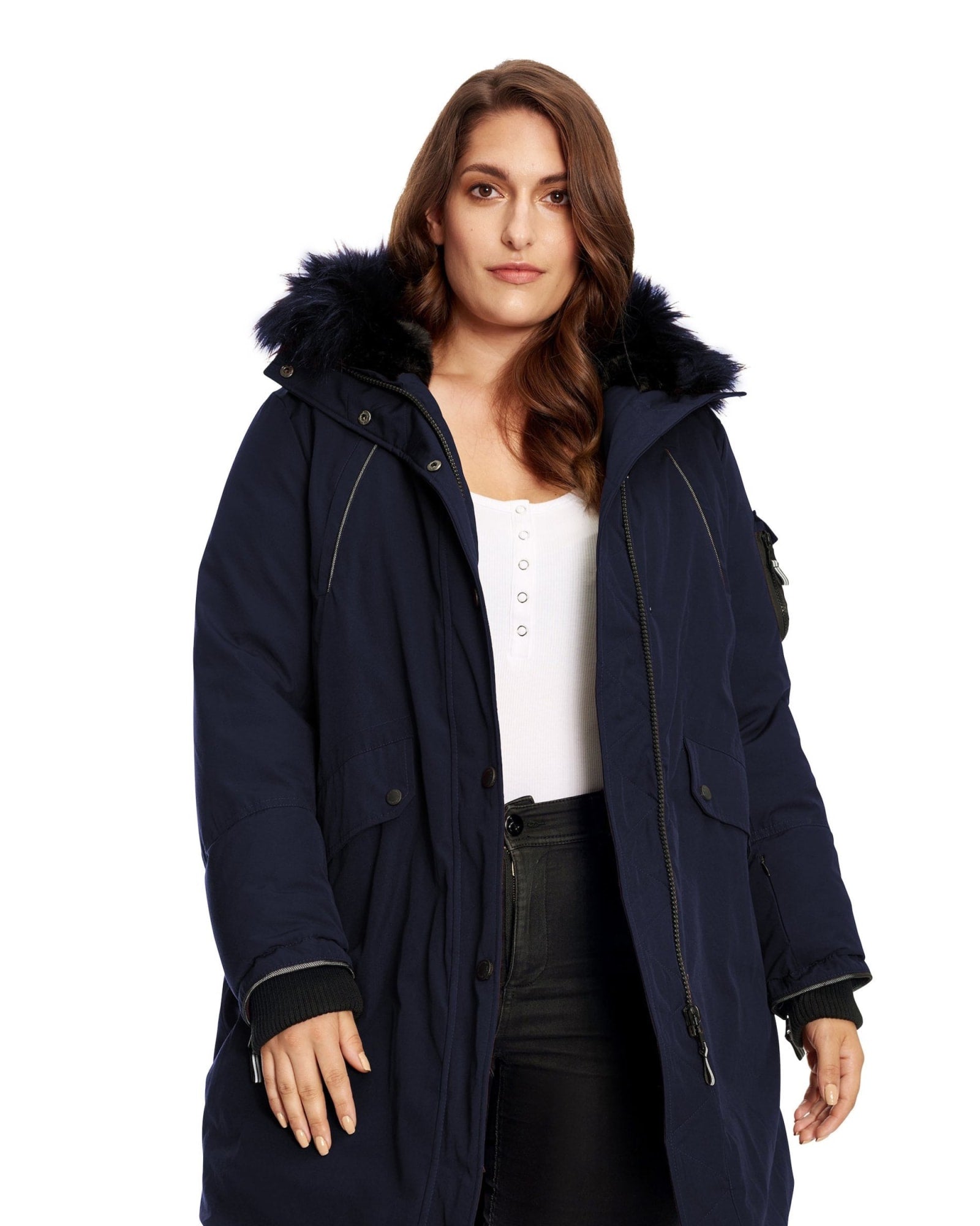 LAURENTIAN | Vegan Down Recycled Long Parka Winter With Faux Fur Hood | Navy