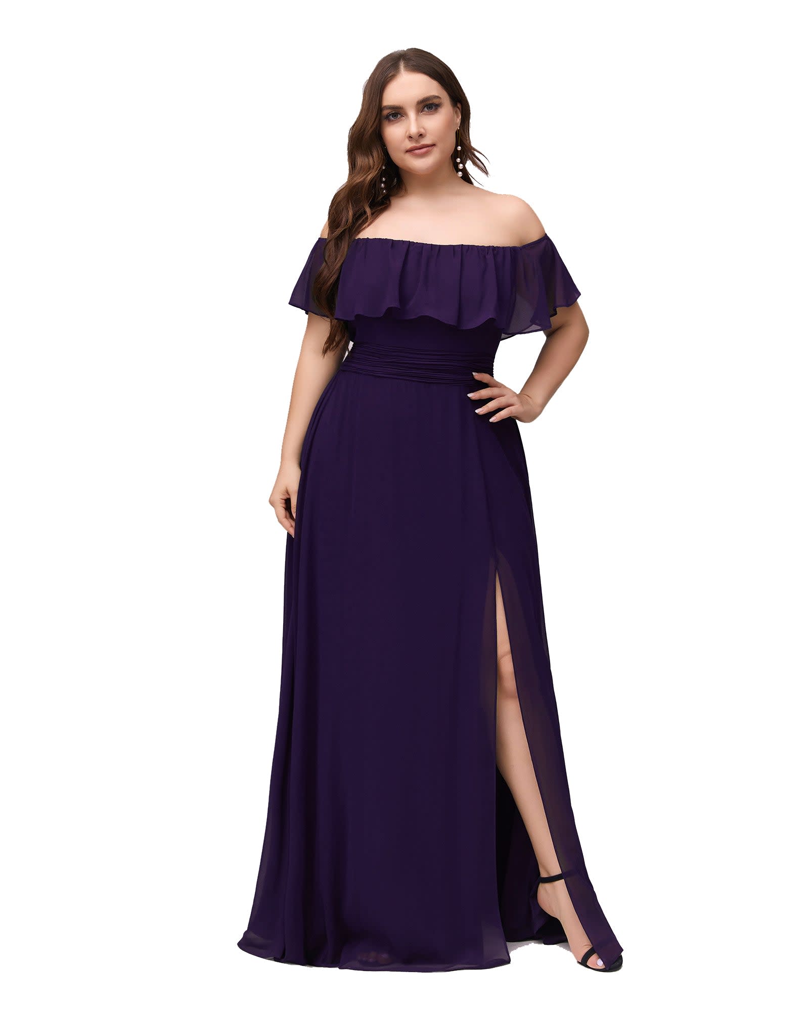 Women's Off Shoulder Ruffle Thigh Slit Bridesmaid Dresses | Dark Purple