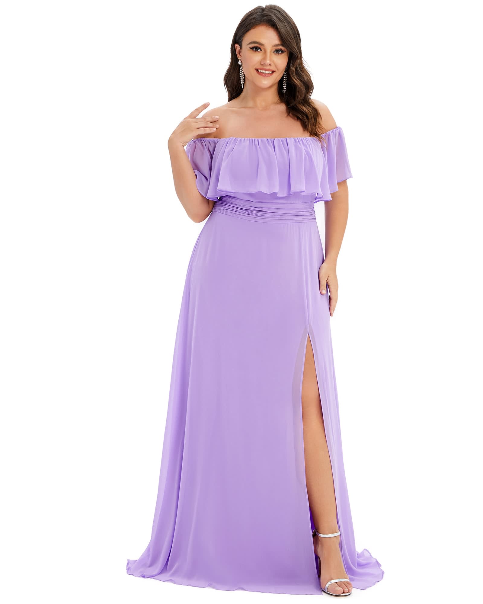 Women's Off Shoulder Ruffle Thigh Slit Bridesmaid Dresses | Lavender
