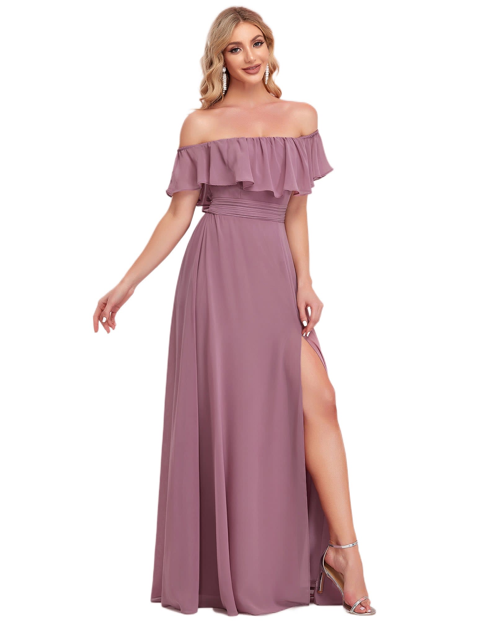 Women's Off Shoulder Ruffle Thigh Slit Bridesmaid Dresses | Purple Orchid