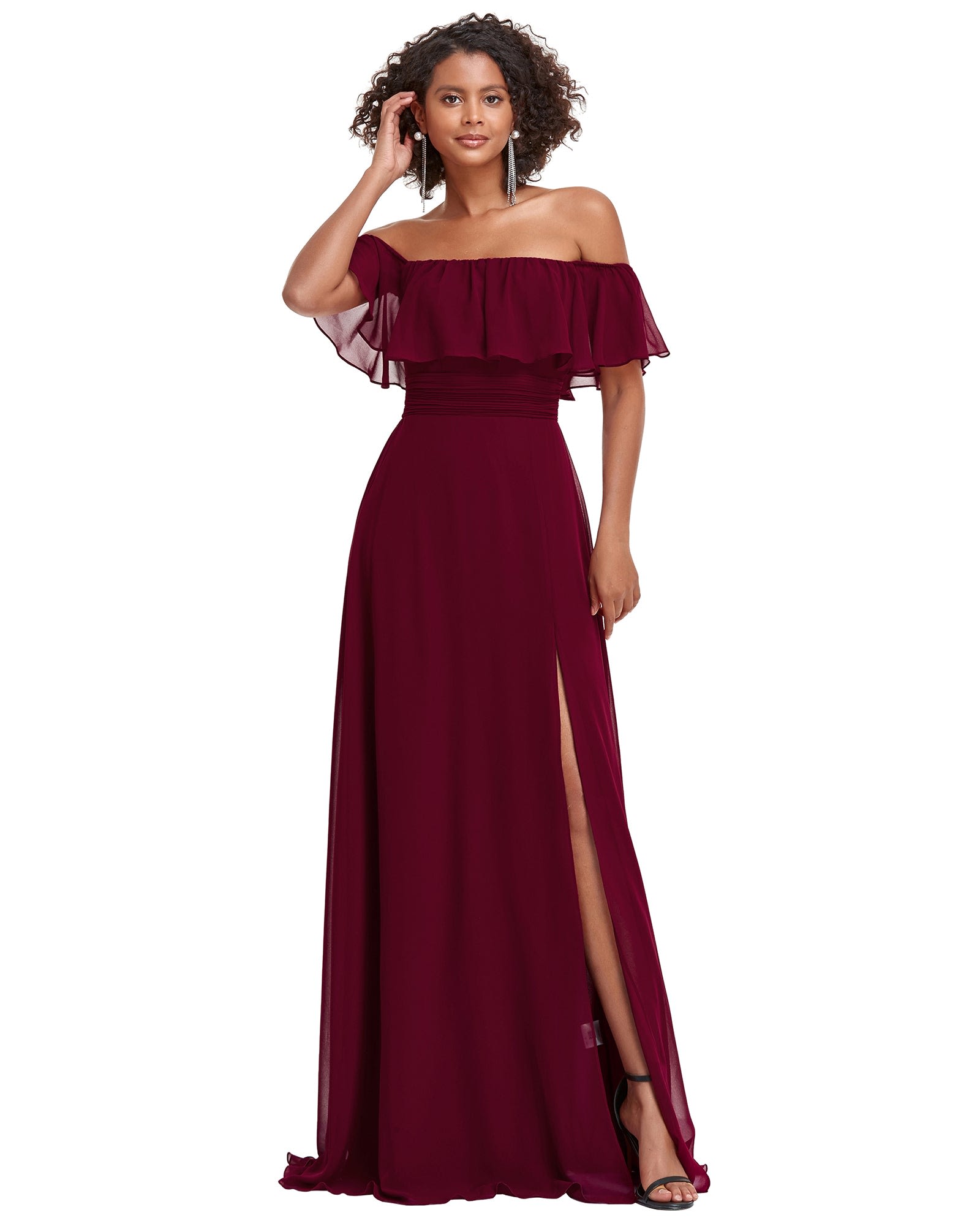 Women's Off Shoulder Ruffle Thigh Slit Bridesmaid Dresses | Burgundy