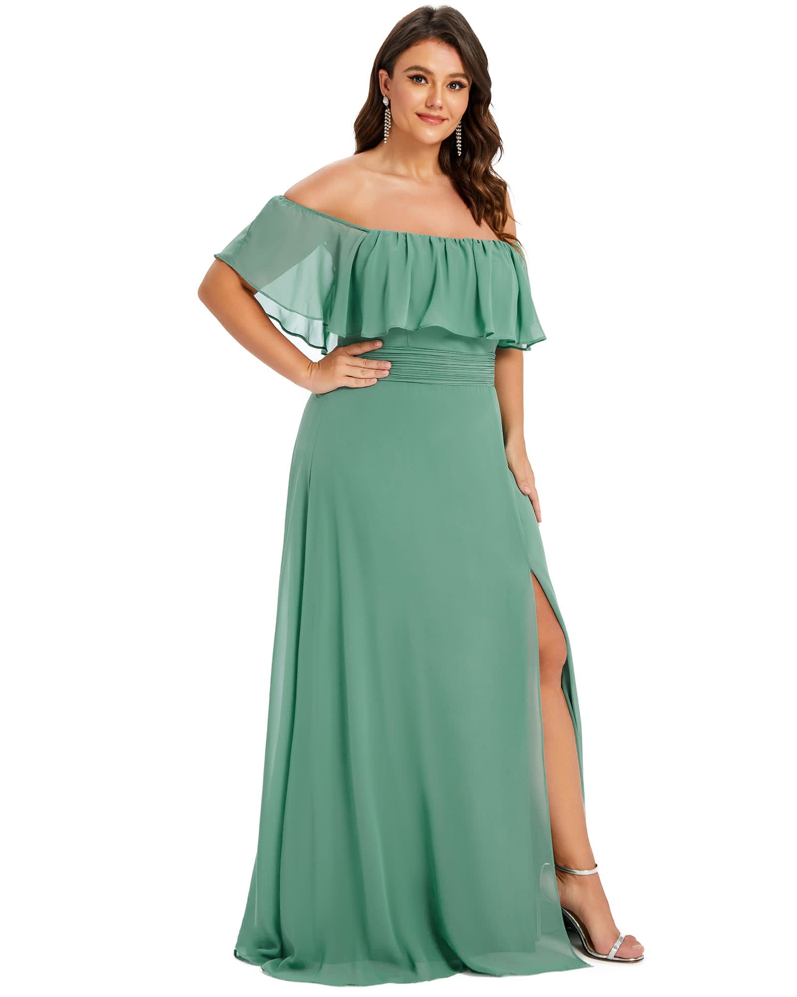 Women's Off Shoulder Ruffle Thigh Slit Bridesmaid Dresses | Green Bean