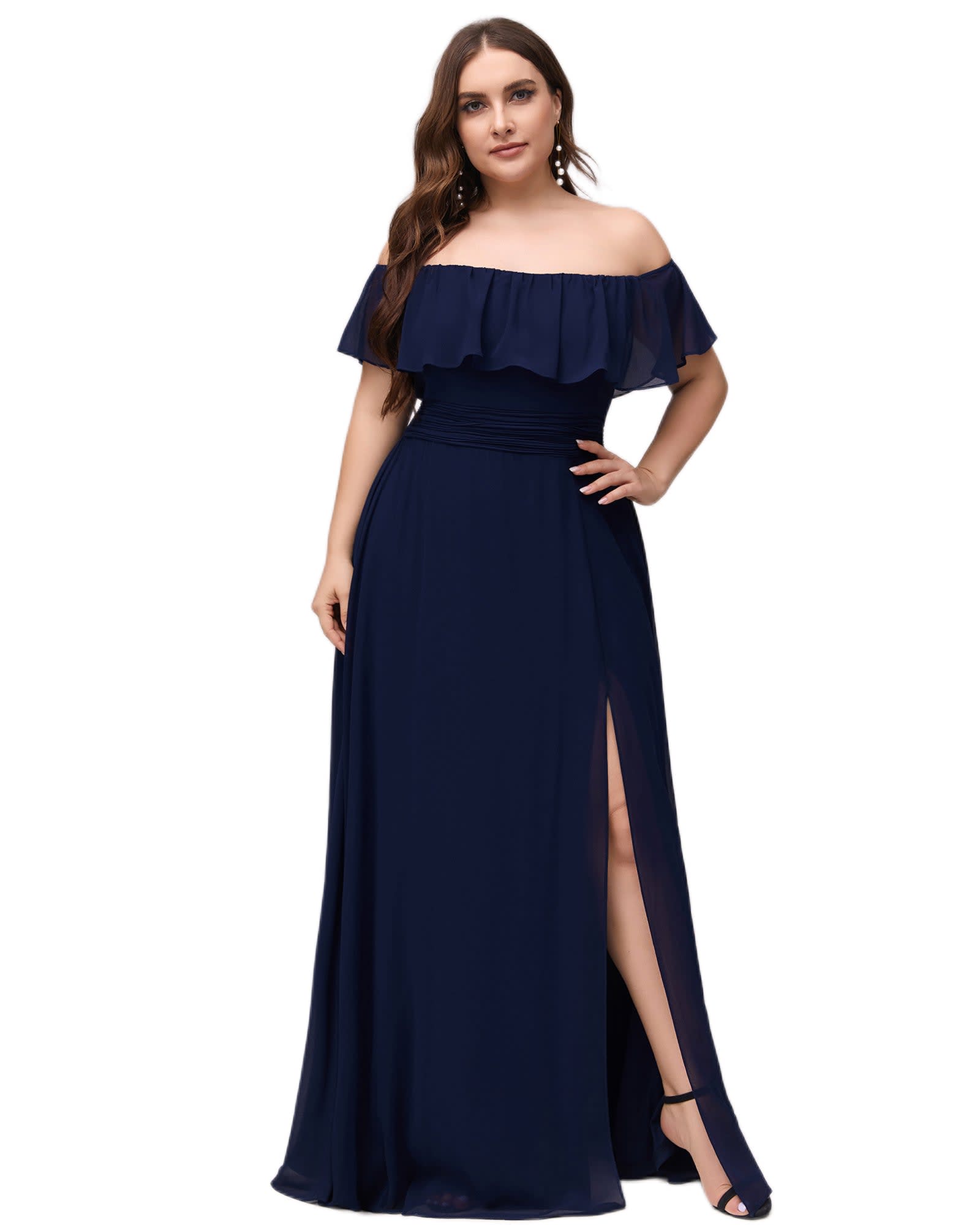 Women's Off Shoulder Ruffle Thigh Slit Bridesmaid Dresses | Navy Blue